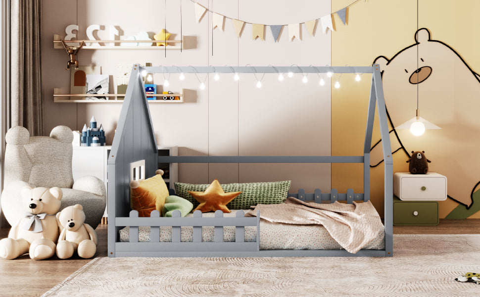 Full Size Wood House Bed With Window And Fence, Gray Old Sku: Wf304147Aae Box Spring Not Required Full Gray Wood Bedroom Pine Bed Frame Solid Wood Mdf