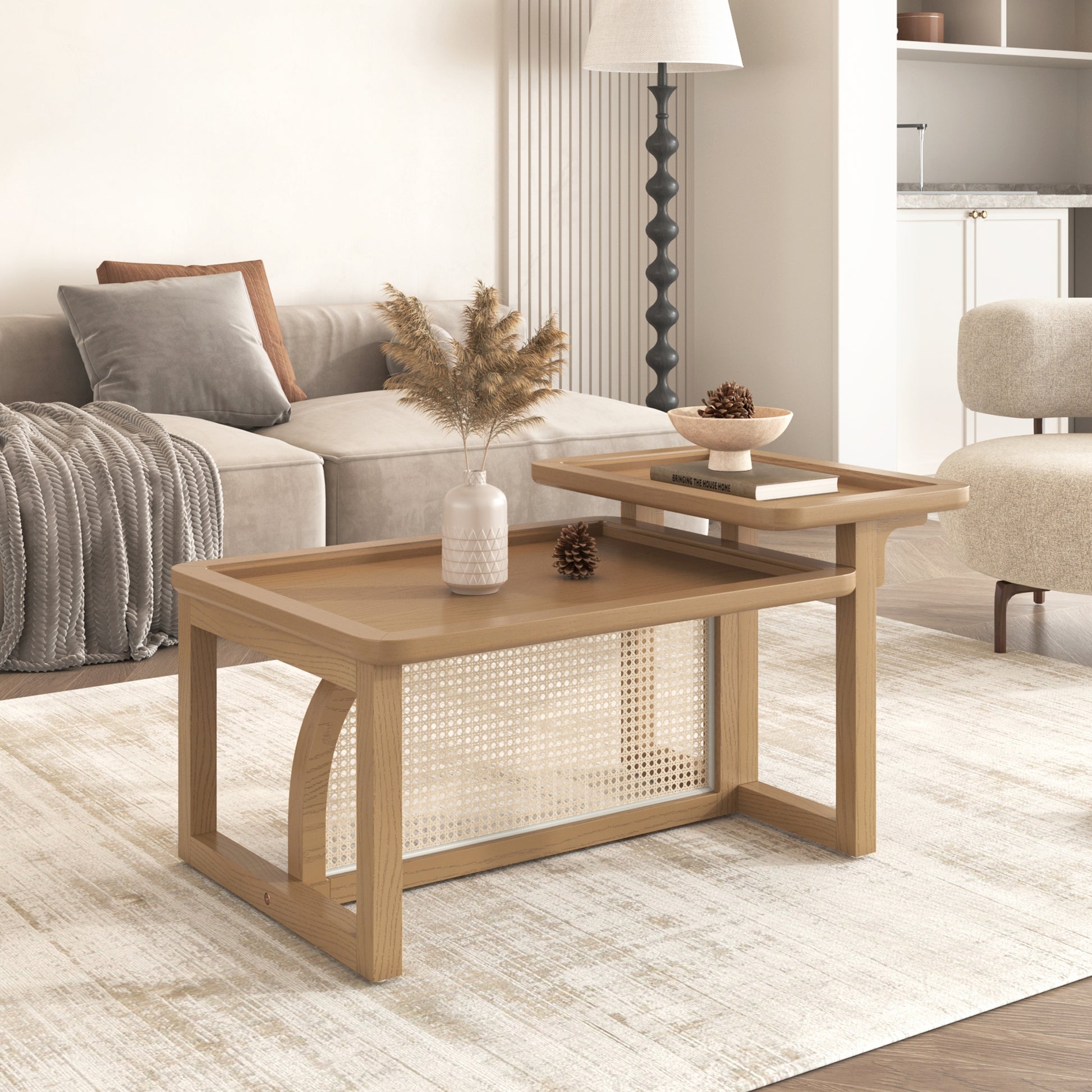 Modern 2 Piece Nesting Rattan Wood Mdf Coffee Table Set In Natural Natural Rubber Wood