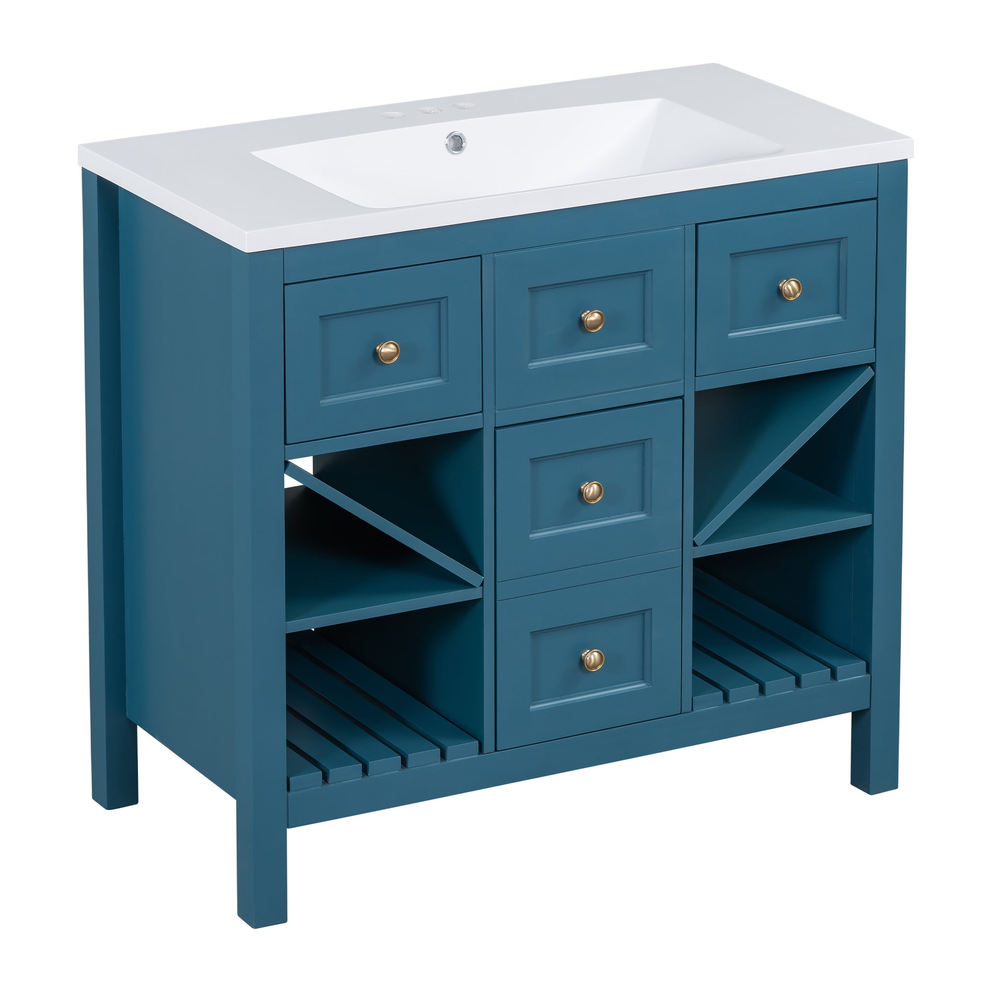 36'' Bathroom Vanity With Resin Sink Combo, Solid Wood Frame Bathroom Storage Cabinet, Freestanding Vanity Set With 5 Drawers& Soft Closing Doors Same As N710S136001C Blue Bathroom Solid Wood Mdf Resin