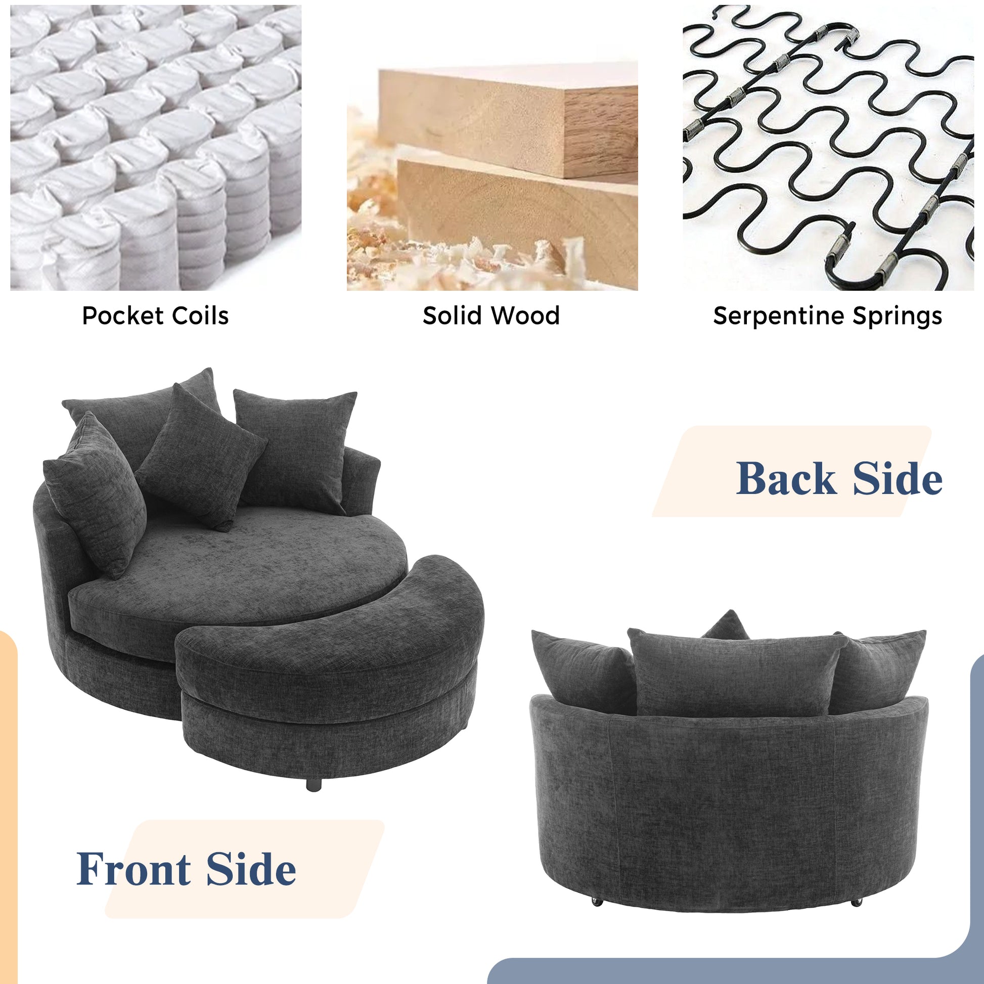 Orisfur. 360 Swivel Accent Barrel Chair With Storage Ottoman & 4 Pillows, Modern Chenille Leisure Chair Round Accent For Living Room, Gray Gray Foam Chenille