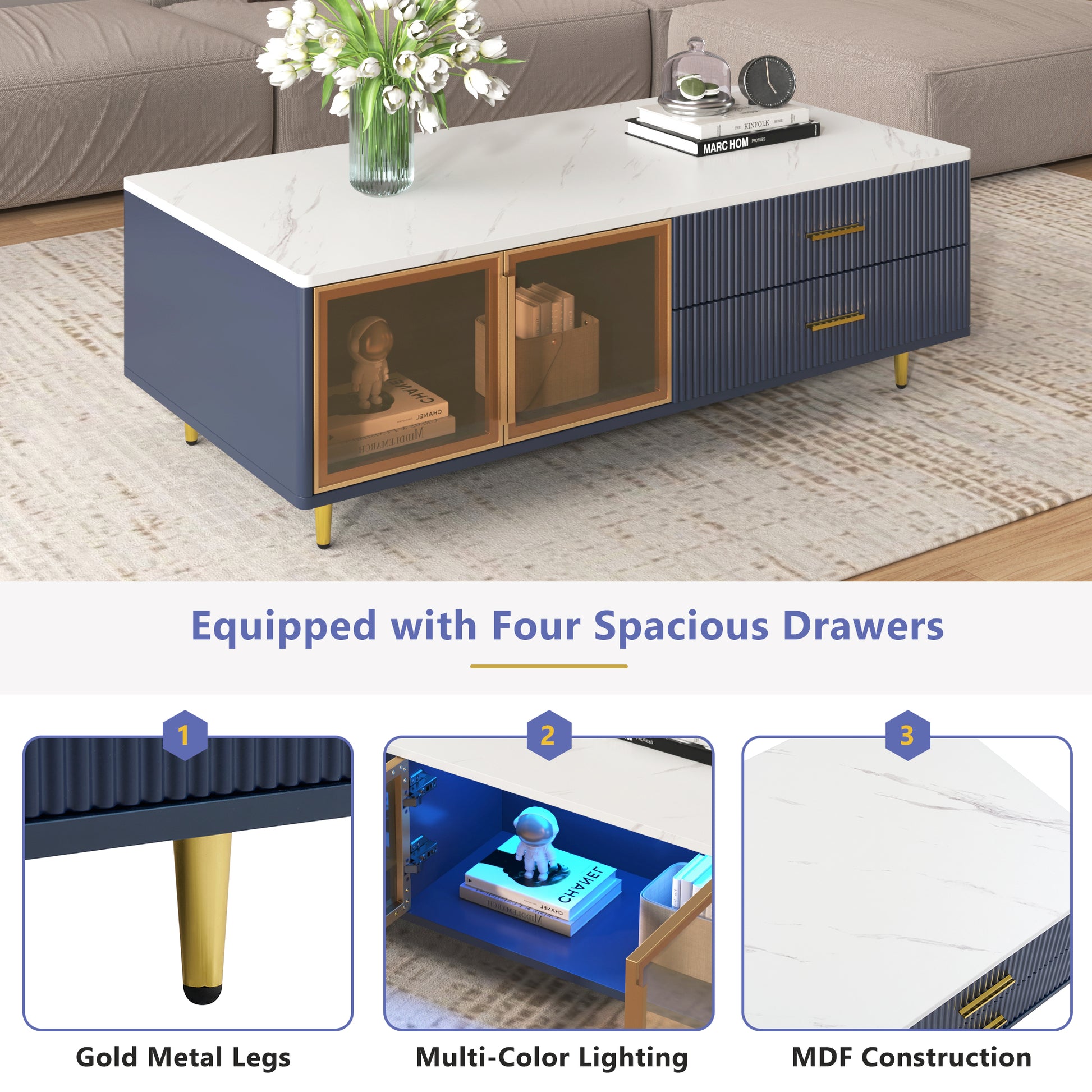 Modern Navy Blue Coffee Table With 2 Glass Door Storage, 4 Drawers, Gold Metal Legs, And Multi Color Lighting In 47.2'' Navy Blue Drawers Mdf