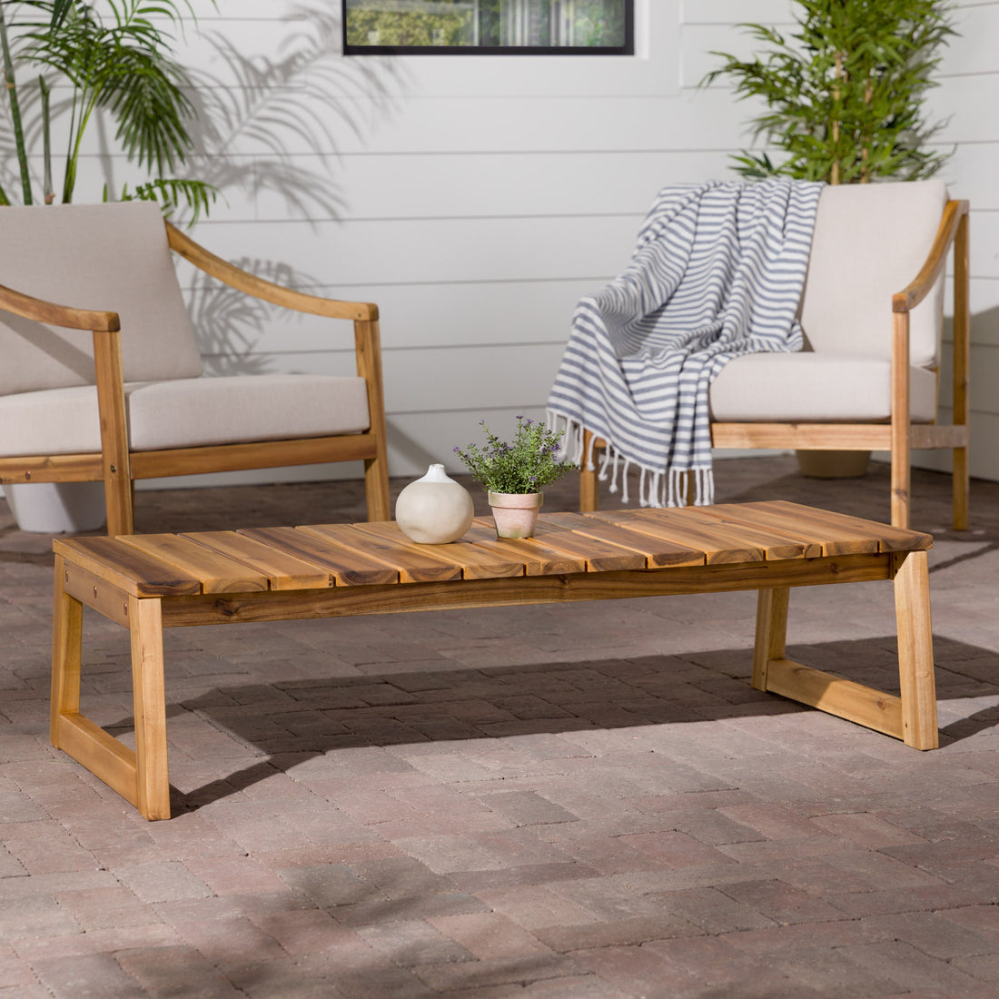 Modern Solid Wood Slat Top Outdoor Coffee Table Natural Natural Wood Acacia Wood