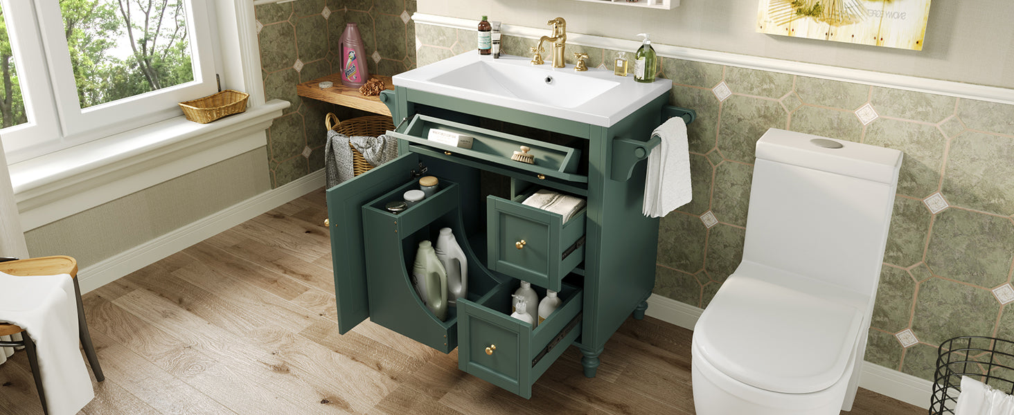 30'' Bathroom Vanity With Top Sink, Modern Bathroom Storage Cabinet With 2 Drawers And A Tip Out Drawer, Single Sink Bathroom Vanity Same As N710S130001F Green Bathroom Modern Solid Wood Mdf Resin