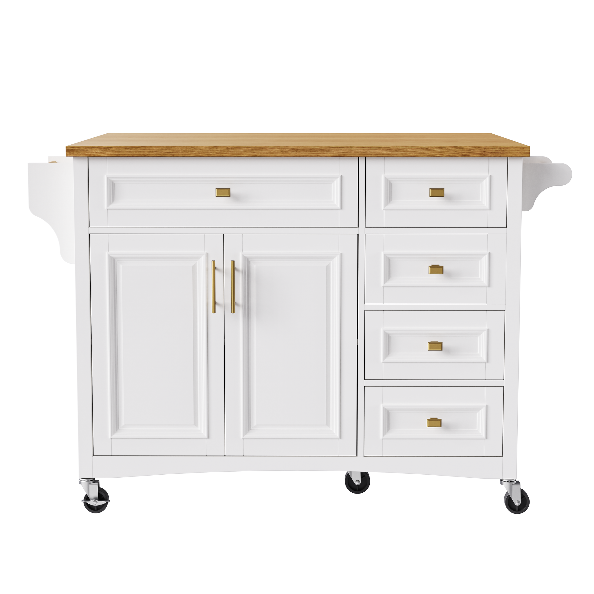 K&K 52'' Kitchen Island With Drop Leaf, Embossed Texture Kitchen Island On Wheels With Spice Rack, Towel Rack, 2 Doors And 5 Drawers, Kitchen Storage Cart With Adjustable Shelf For Kitchen, White