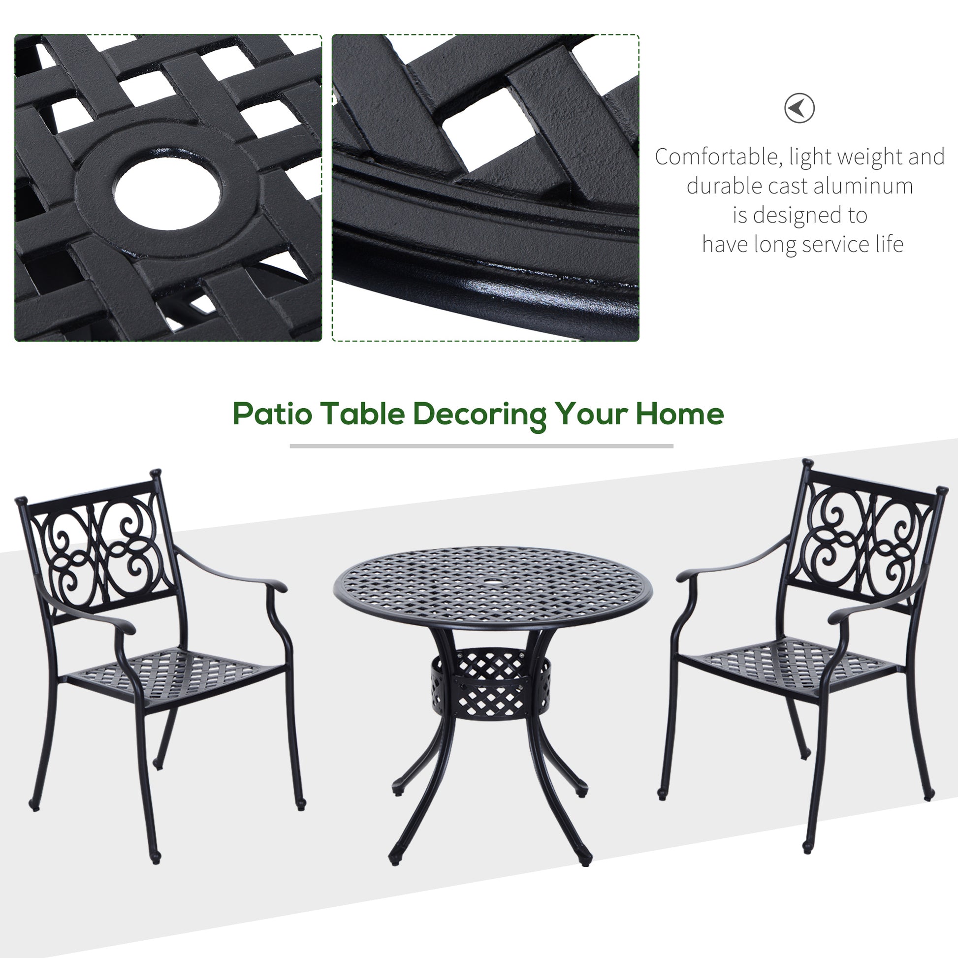 Outsunny 33" Patio Dining Table Round Cast Aluminium Outdoor Bistro Table With Umbrella Hole Black Black Aluminum