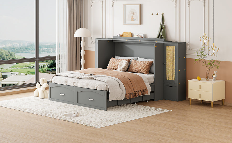 Queen Size Murphy Bed Wall Bed With Drawer And Rattan Decoration With 2 Storage Cabinets, One Set Of Sockets & Usb Ports, Pulley Structure Design, Gray Queen Gray Plywood