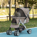 Pawhut Dog Stroller For Small Dogs Cats, 4 Wheels One Click Fold Pet Stroller With Swivel Wheels, Brake, Basket Storage, Safety Belts, Adjustable Canopy, Zippered Mesh Window Door, Brown Brown Steel