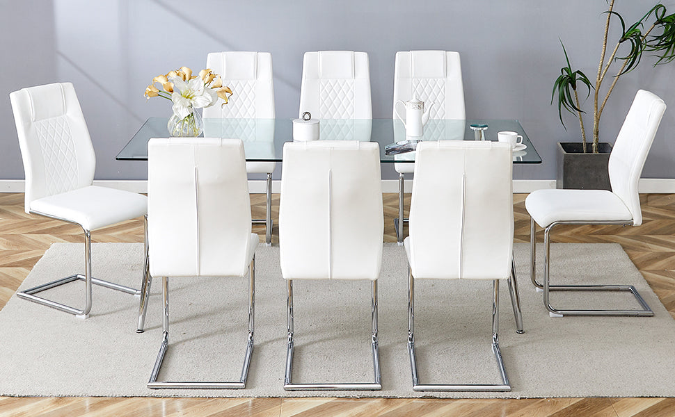Table And Chair Set.Modern Rectangular Glass Dining Table With A Tempered Glass Tabletop And Silver Metal Legs, Paired With Multiple Chairs Designed With Pu Cushions And Silver Metal Legs. Silver White Seats 8 Tempered Glass