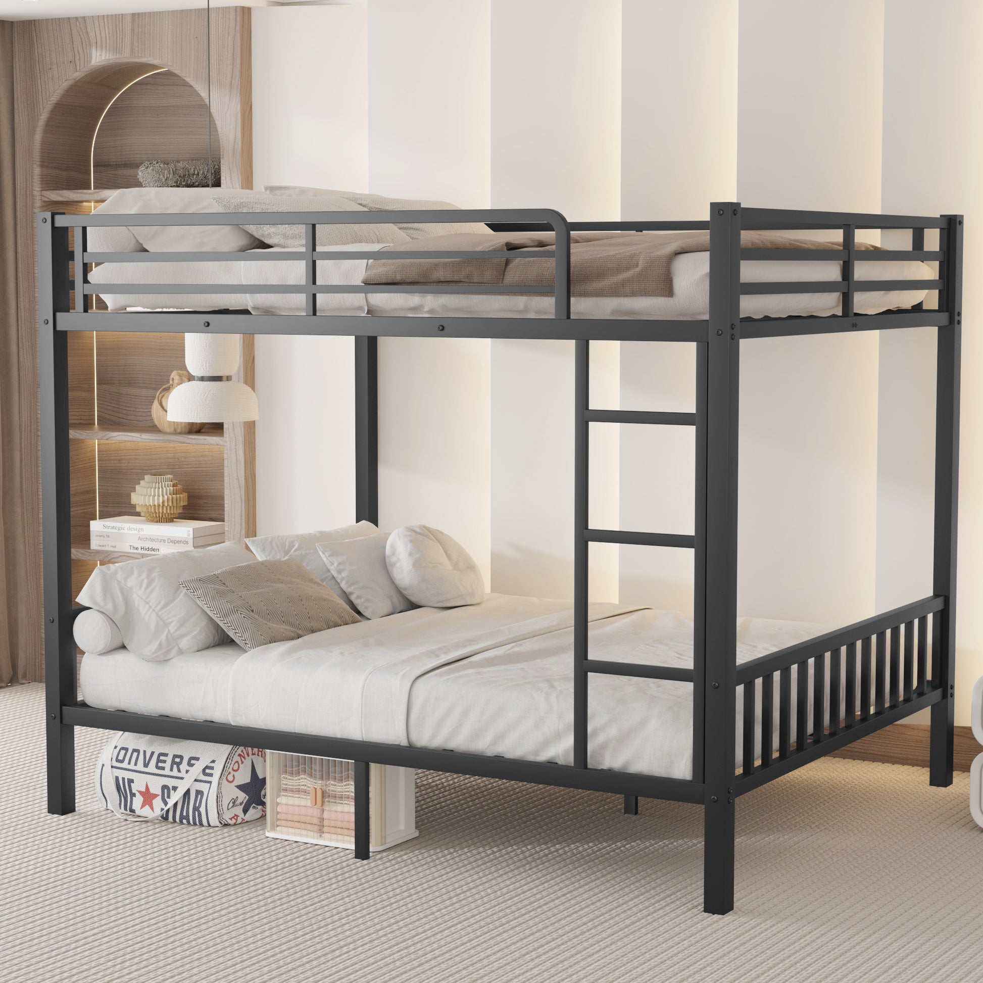 Queen Over Queen Metal Bunk Bed With Ladder And Slats Support For Adults Teens, Black Box Spring Not Required Queen Black Metal Bunk Metal