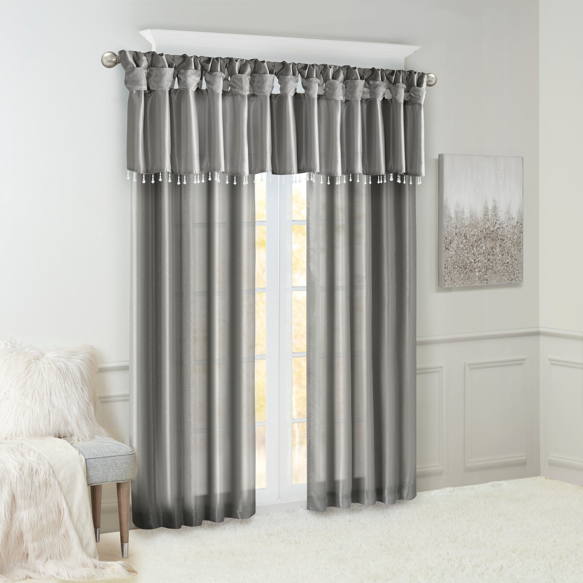 Lightweight Faux Silk Valance With Beads Charcoal 50X26" Charcoal Polyester