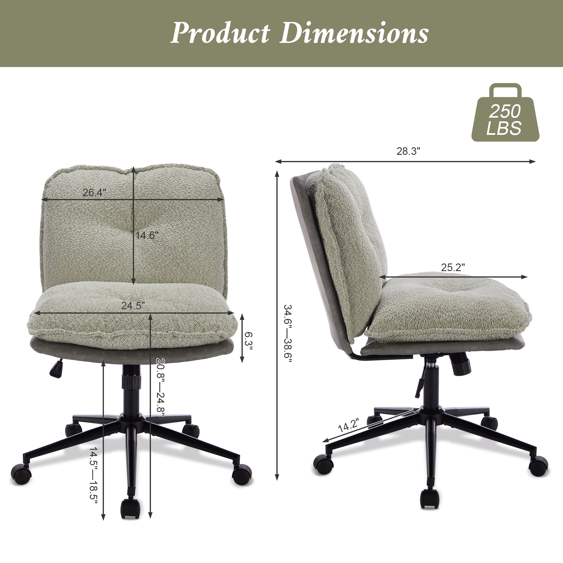 Oversize Seat Cirss Cross Chair With Wheels, Elegant Design Computer Chair, Adjustable Height 360 Rolling Swivel Home Office Chair For Small Space, Dressing Room, Living Room Gray Green Gray Primary Living Space Casual Foam Pu Leather