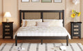 3 Pieces Bedroom Sets Queen Size Wooden Platform Bed With Natural Rattan Headboard, Nightstands Set Of 2 With Rattan Woven Surfaces And Three Drawers For Bedroom, Black Black Particle Board