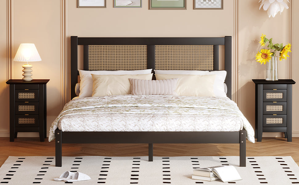 3 Pieces Bedroom Sets Queen Size Wooden Platform Bed With Natural Rattan Headboard, Nightstands Set Of 2 With Rattan Woven Surfaces And Three Drawers For Bedroom, Black Black Particle Board