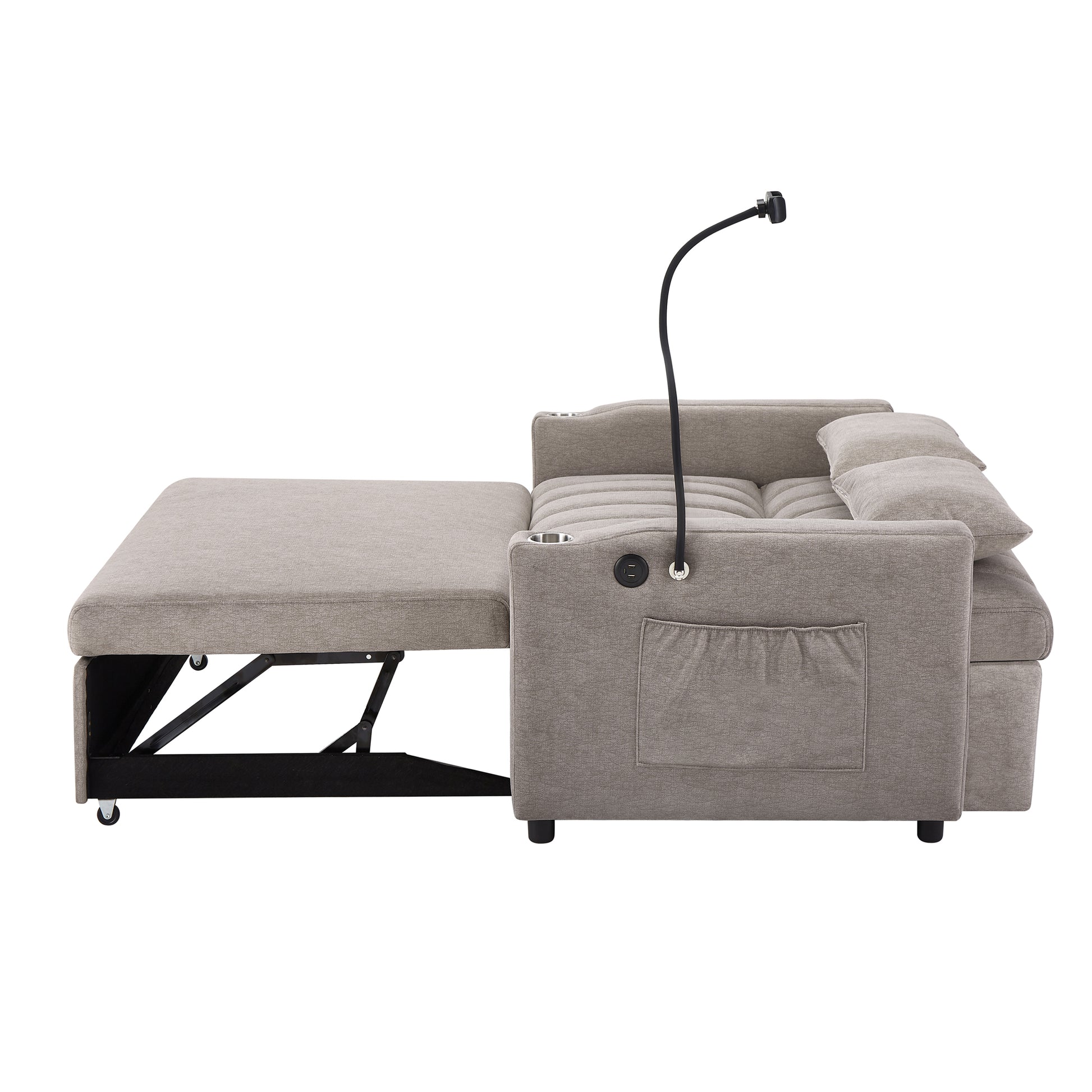 55.9" Convertible Sofa Bed Loveseat Sofa With Three Usb Ports, Two Side Pockets, Two Cup Holders And 360 Swivel Phone Holder For Living Room, Light Grey Light Grey Foam Polyester