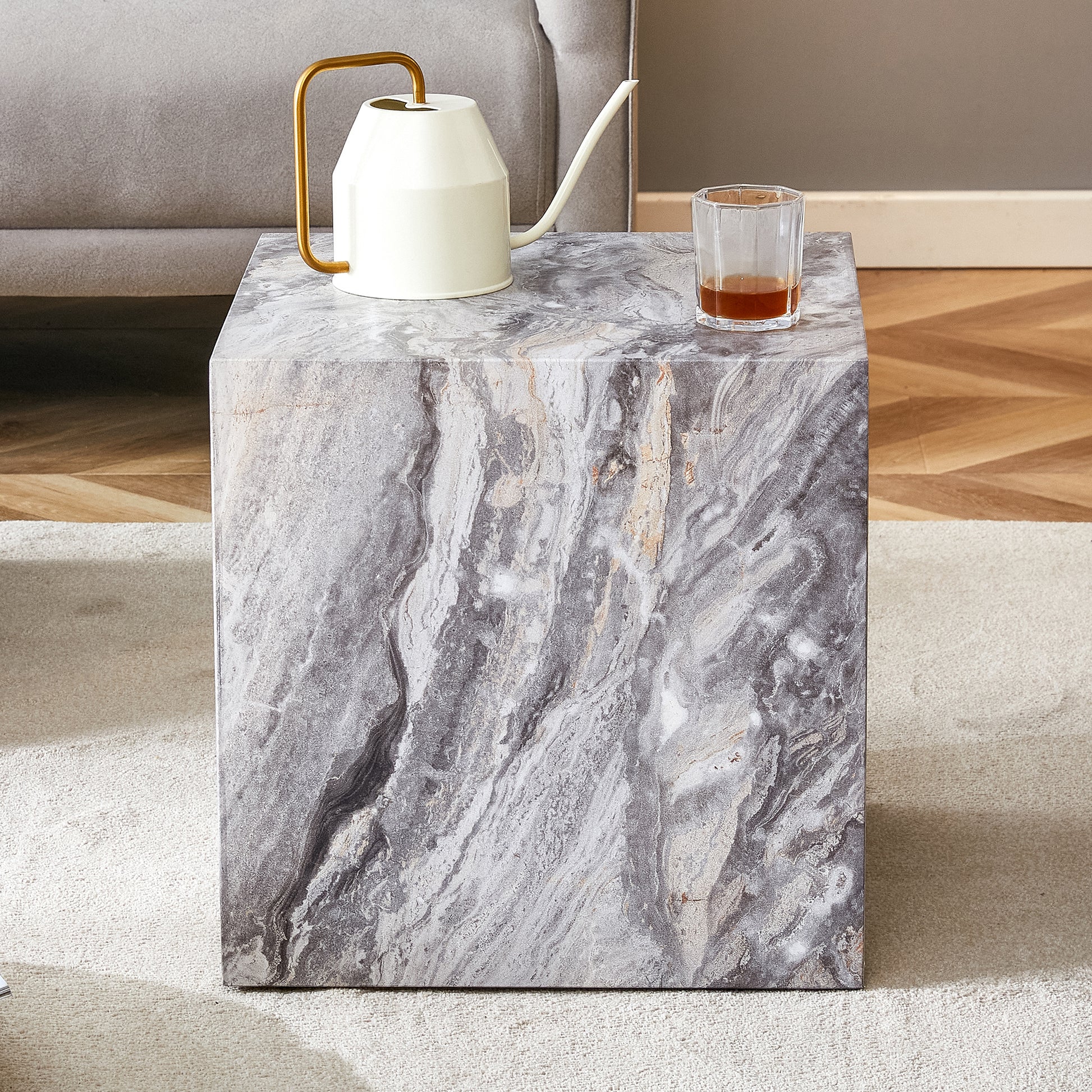 Elevate Your Living Space With This Modern Mdf Coffee Table, Which Showcases Gray Textured Patterns. It Is Characterized By Stylish Design. Grey Mdf