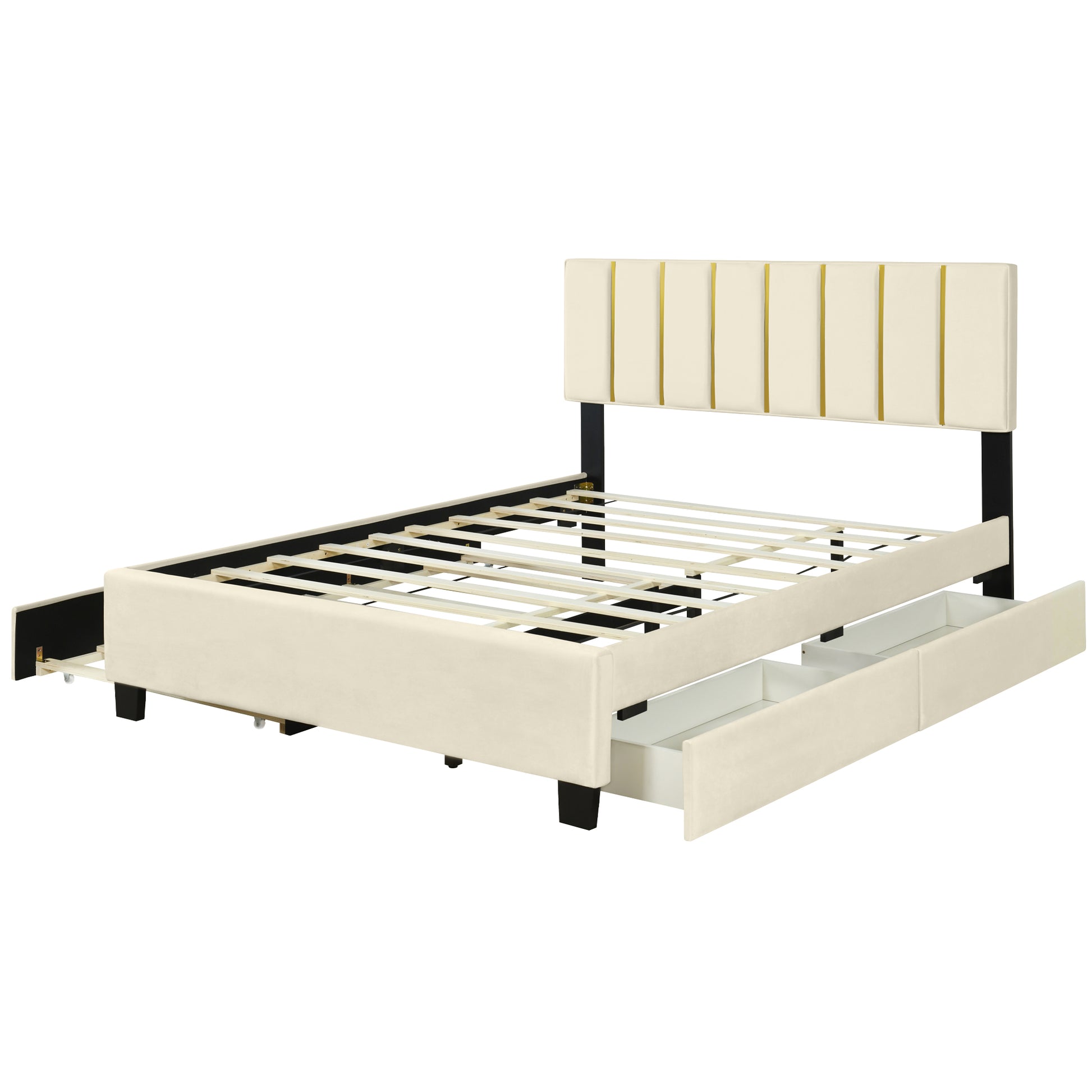 Queen Size Upholstered Platform Bed With 2 Drawers And 1 Trundle, Classic Metal Strip Headboard Design, Beige Queen Beige Mdf Lvl