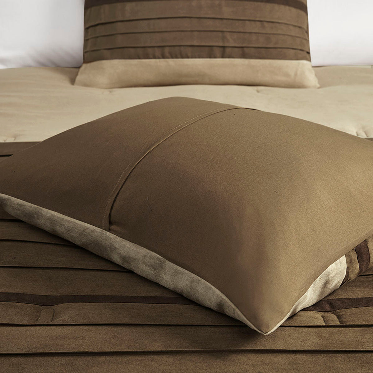 7 Pc Pieced Faux Suede Comforter Set Natural Full Full Natural Polyester