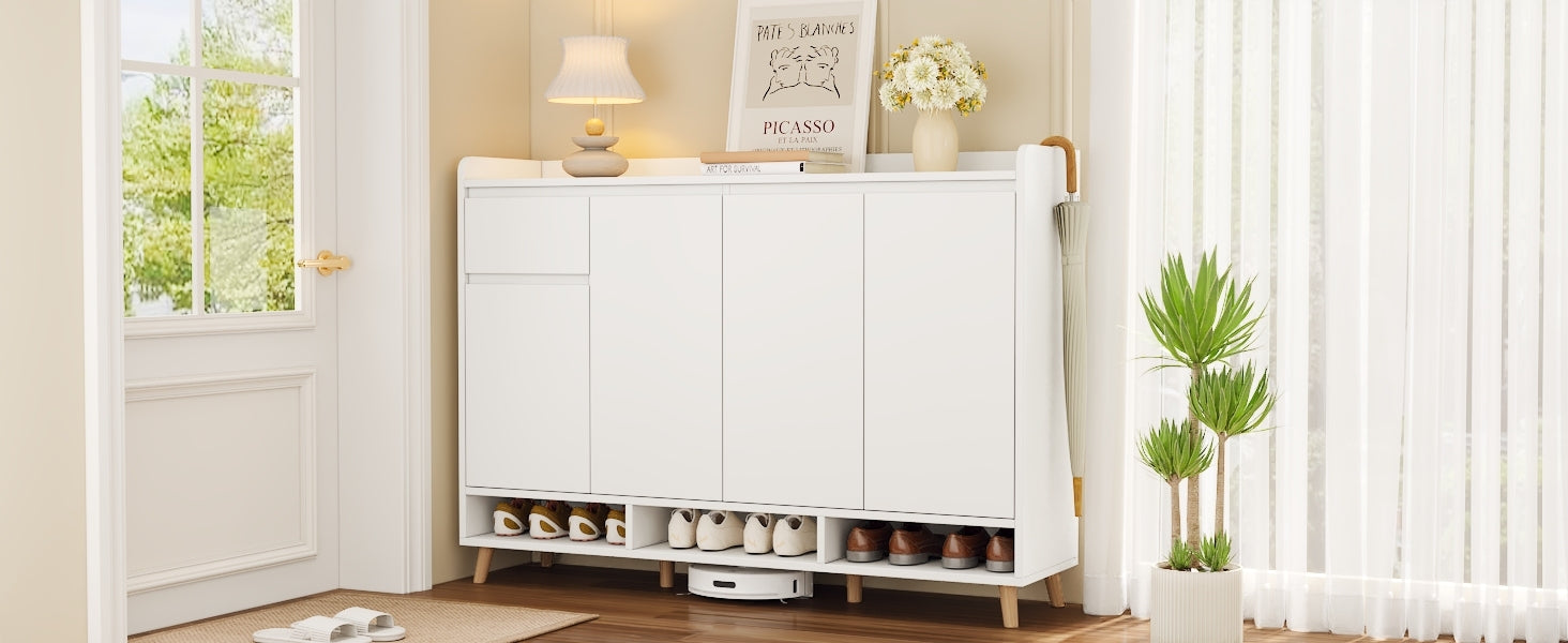 Sleek And Contemporary Shoe Cabinet With Adjustable Shelves, Minimalist Home Organizer With Solid Wood Legs, Storage Sideboard For Entryway, Living Room, White White Primary Living Space Particle Board
