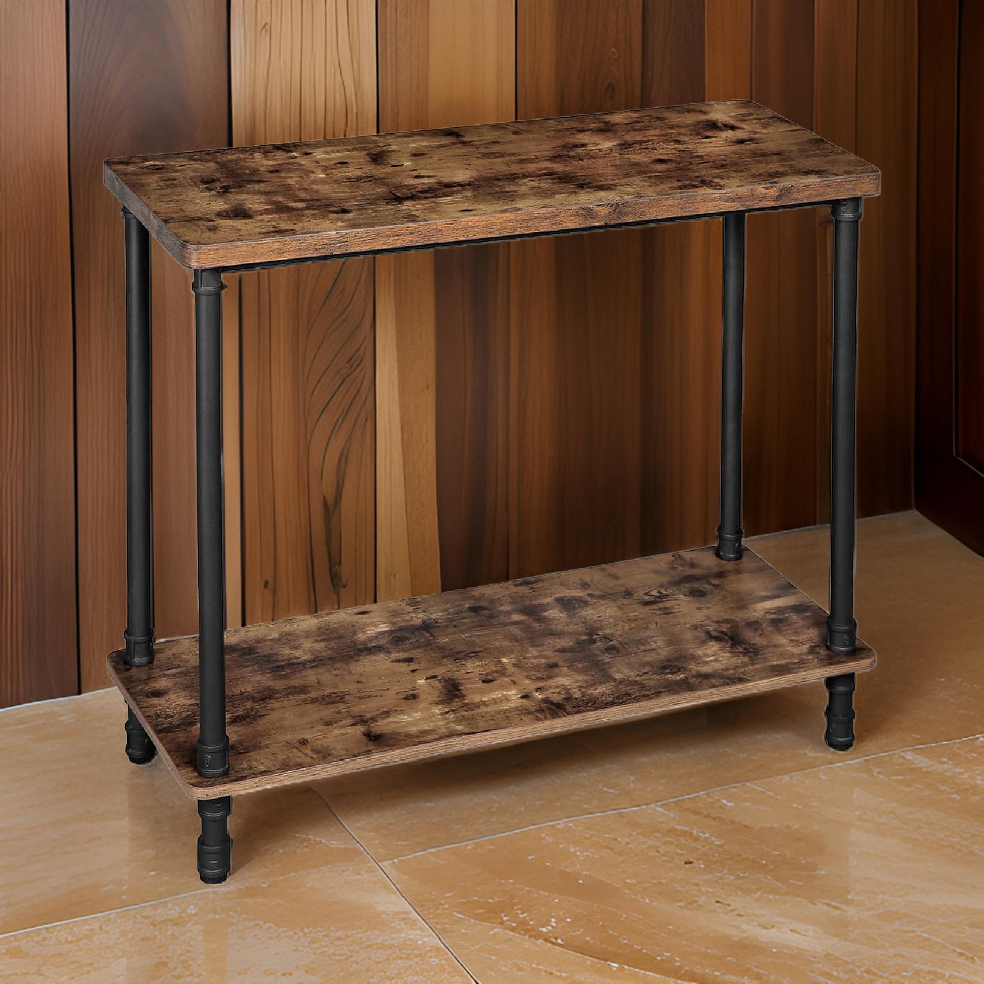 Wood And Metal Frame Console Table With Open Bottom Shelf, Rustic Brown Brown Particle Board