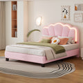 Full Size Upholstered Flower Shape Bed, Elegant Flowers Headboard With Led Light Strip ,Sherpa Fabric Platform Bed With Wooden Slats Support, Pink Full Pink Wood