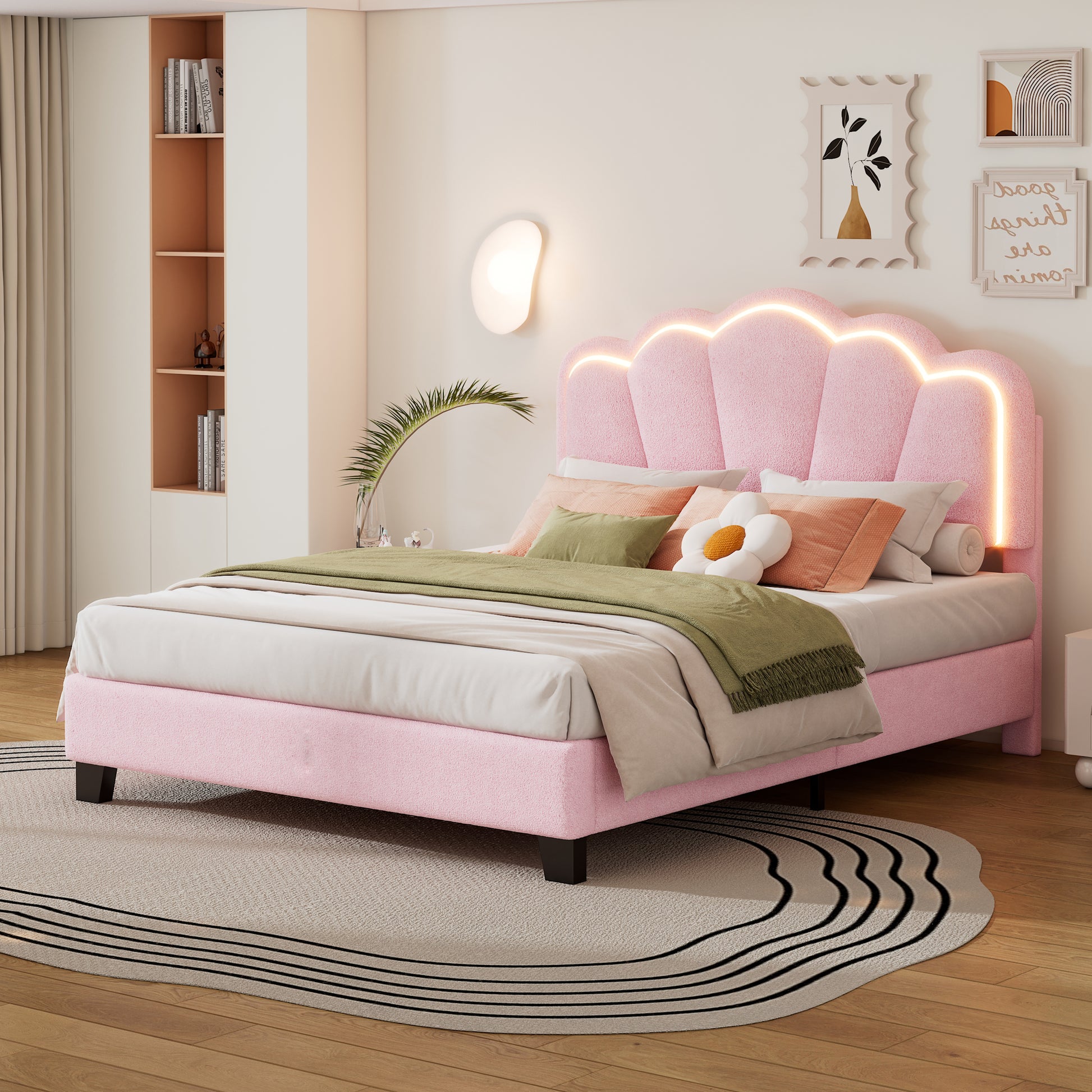 Full Size Upholstered Flower Shape Bed, Elegant Flowers Headboard With Led Light Strip ,Sherpa Fabric Platform Bed With Wooden Slats Support, Pink Full Pink Wood