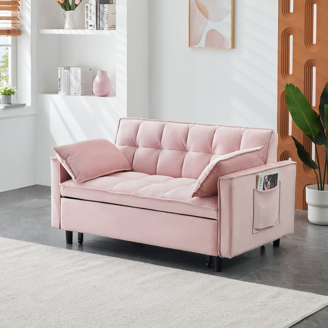 55 Inches Pink Modern Velvet Sofa, Seating Sofa With Backrest, Soft And Comfortable Living Room Furniture, 3 In 1 Convertible Sofa Bed For Living Room Bedroom Pink Velvet 2 Seat