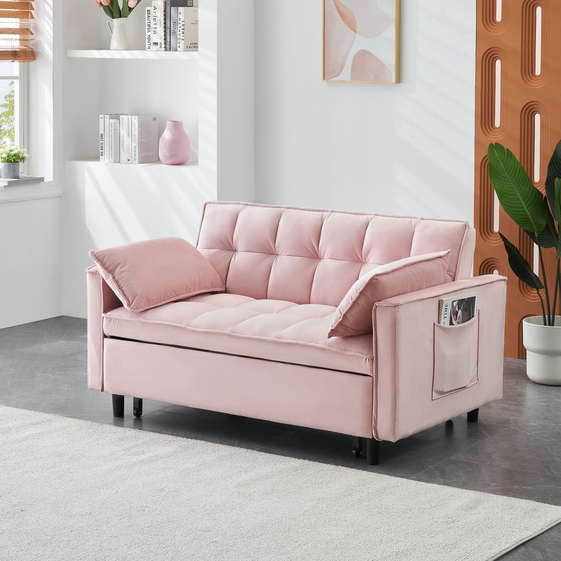 55 Inches Pink Modern Velvet Sofa, Seating Sofa With Backrest, Soft And Comfortable Living Room Furniture, 3 In 1 Convertible Sofa Bed For Living Room Bedroom Pink Velvet 2 Seat