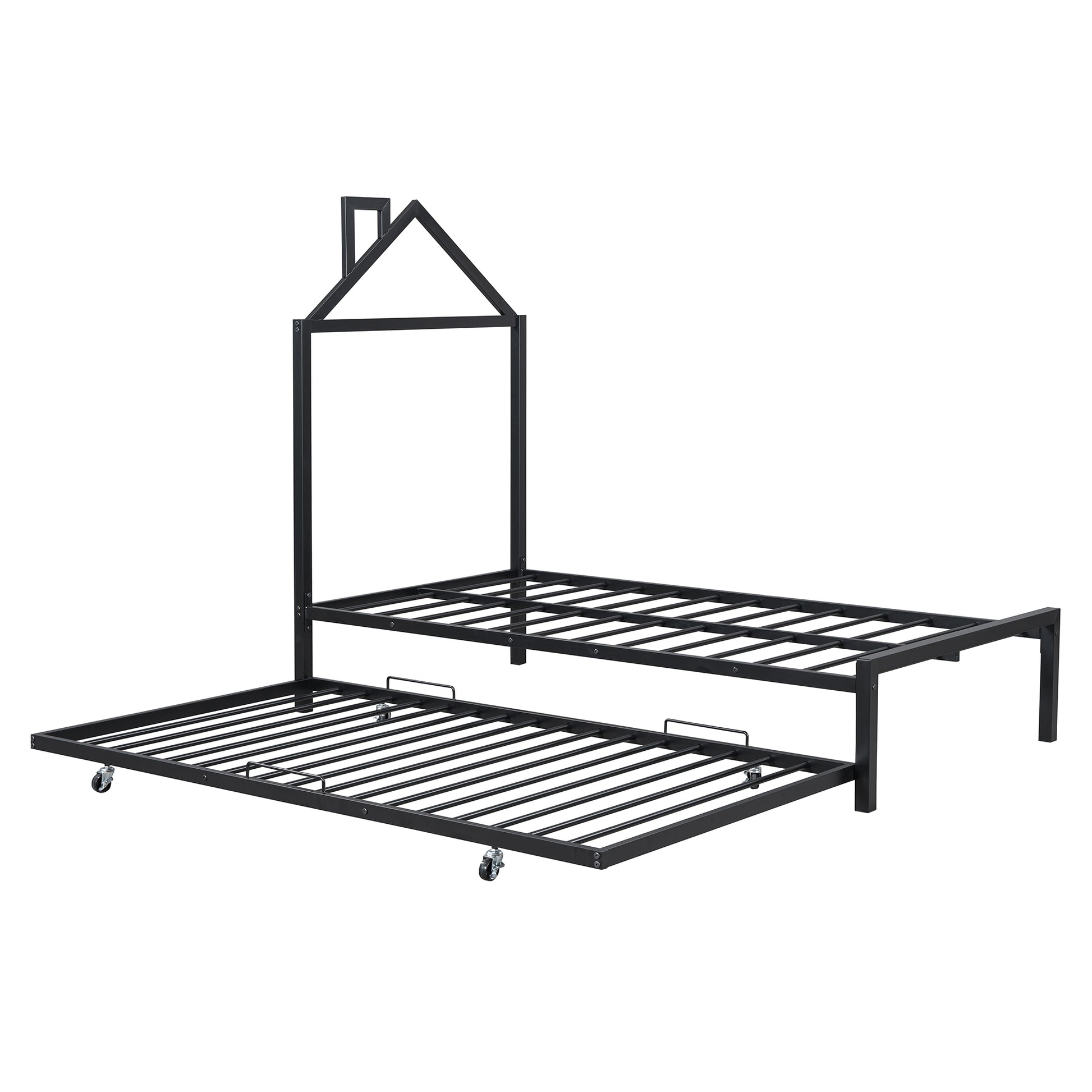Twin Size Metal Platform Bed With Twin Size Trundle,House Shaped Headboard Design, Black Twin Black Metal