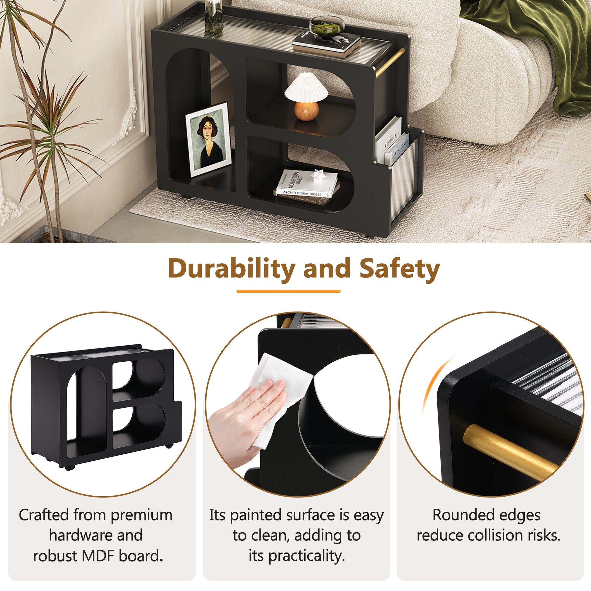 Mobile End Table With Lockable Wheels, Narrow Coffee Table With 5Mm Thick Fluted Tempered Glass, Modern Nightstand With Golden Round Rod, Living Room, Black, 31.5''W X11.8''D X 23.1''H Black Primary Living Space Mdf