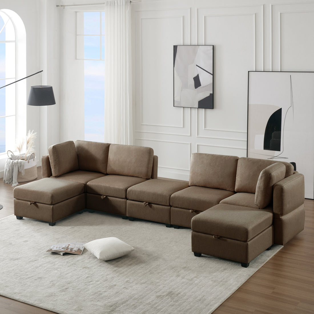 Free Combinations Storage Functional Modular Sectional Sofa With Thick Seat And Back Cushions Brown Polyester 4 Seat