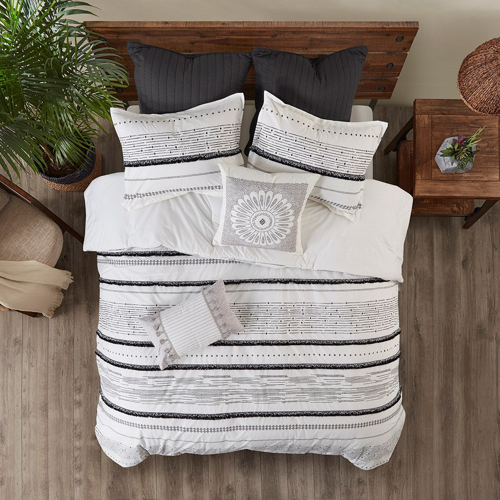 Cotton Printed Comforter Set With Trims Black White King Cal King King White Black Cotton