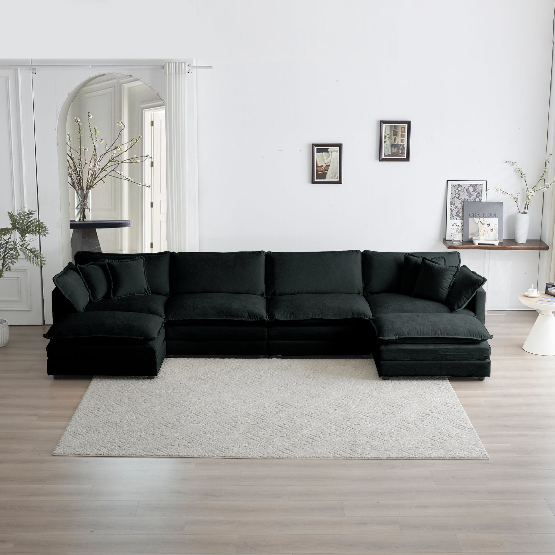 Comfort U Shaped Couch With Reversible Chaise, Modular Large U Shape Sectional Sofa, Double Extra Ottomans,Black Chenille Black Chenille 4 Seat