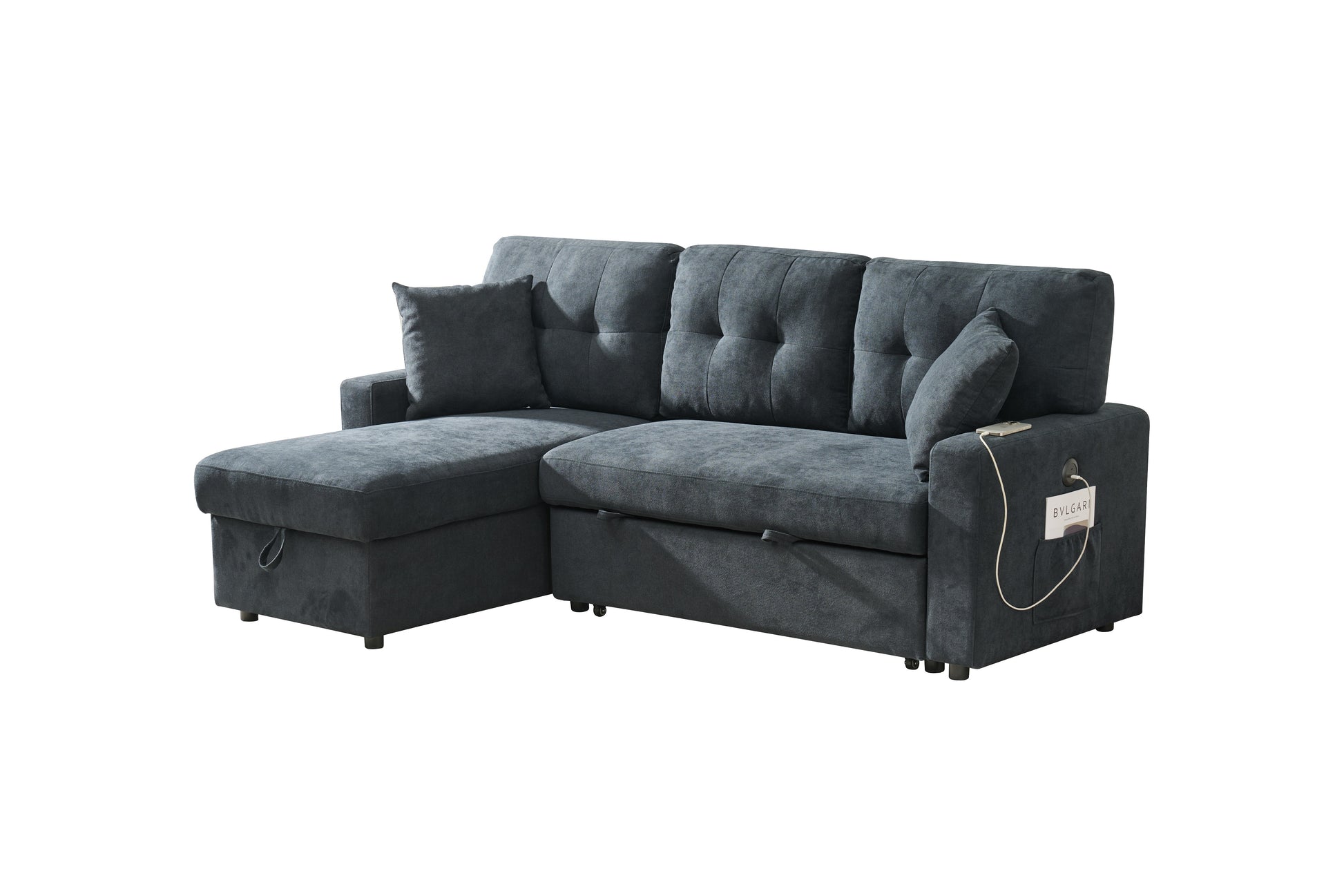 Sectional Sofa Bed L Shaped Sofa Couch Bed With Usb Port, Reversible Sofa Couch Sleeper With Pull Out Bed, Chaise With Storage, Pull Out Couch For Living Room Black Wood Fabric 3 Seat