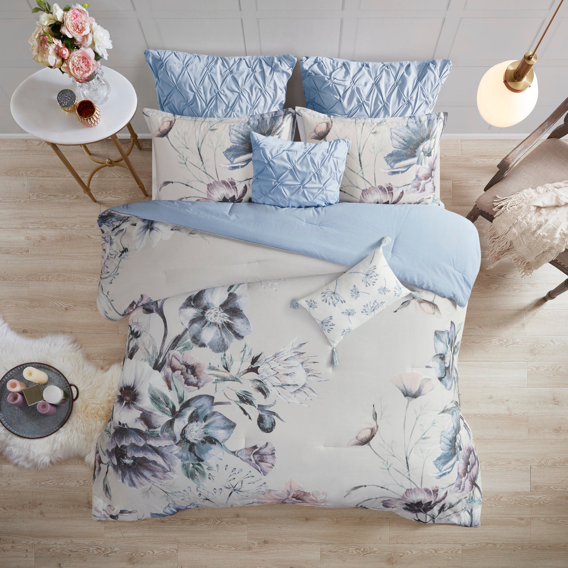 8 Piece Cotton Printed Comforter Set Blue King King Blue Polyester