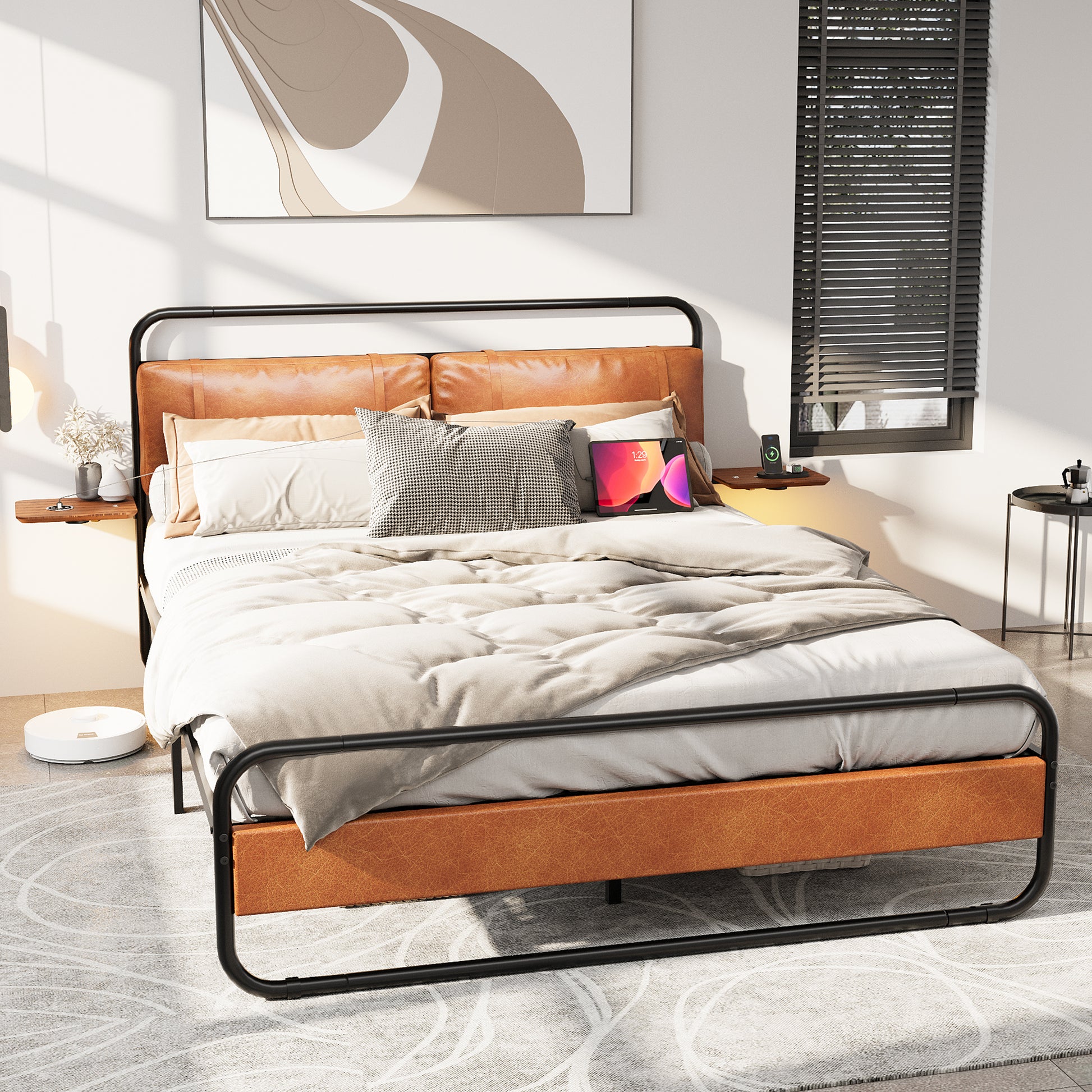 King Size Metal Bed Frame With Upholstered Headboard, With Wireless Charging And Usb A & Usb C, Touch Led Light,Oval Shaped Platform Bed With Under Bed Storage, No Box Spring Needed, Vintage Brown Box Spring Not Required King Antique Brown Metal Bedroom