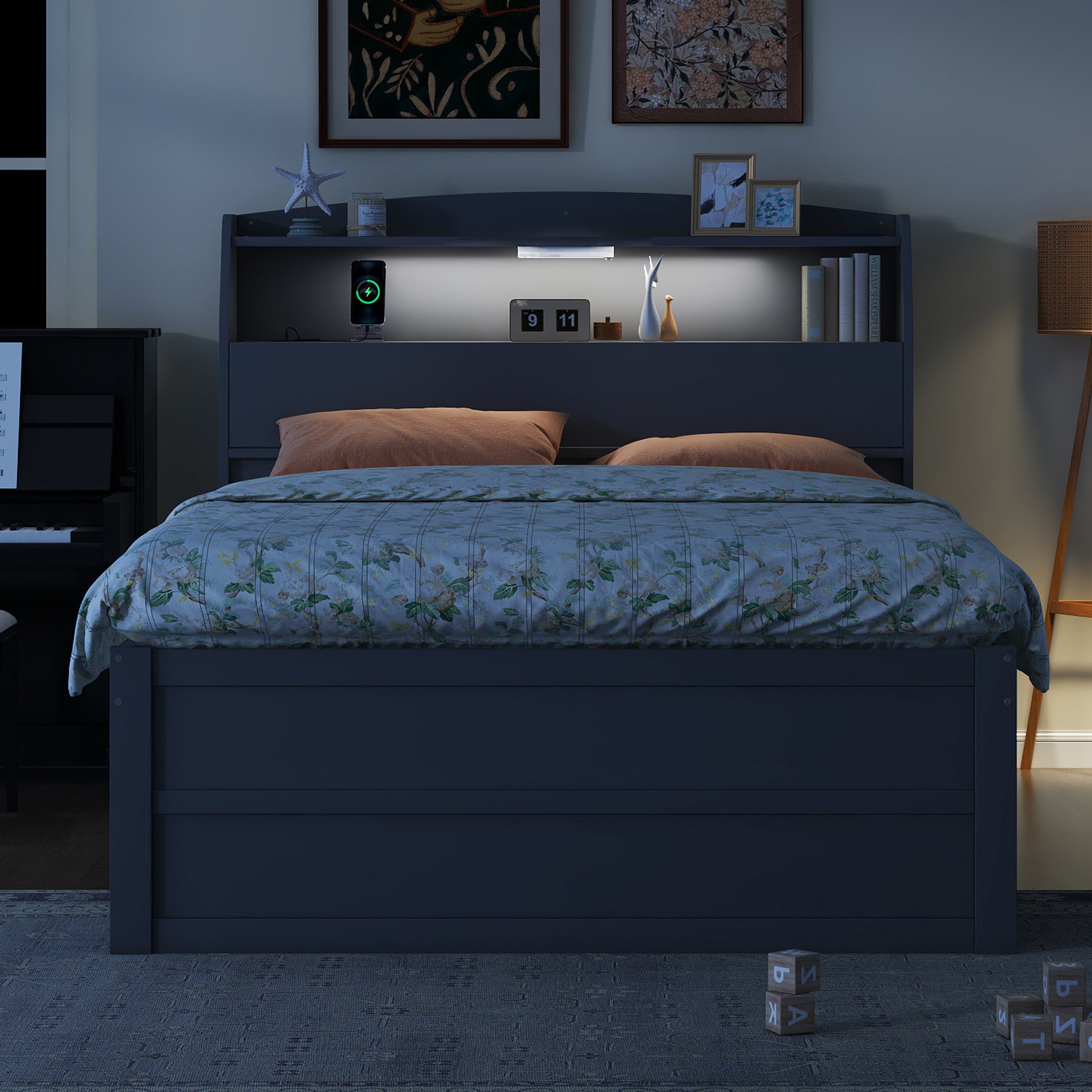 Full Size Wooden Led Platform Bed With Trundle, With Storage Headboard, With Drawers, Gray Full Gray Plywood