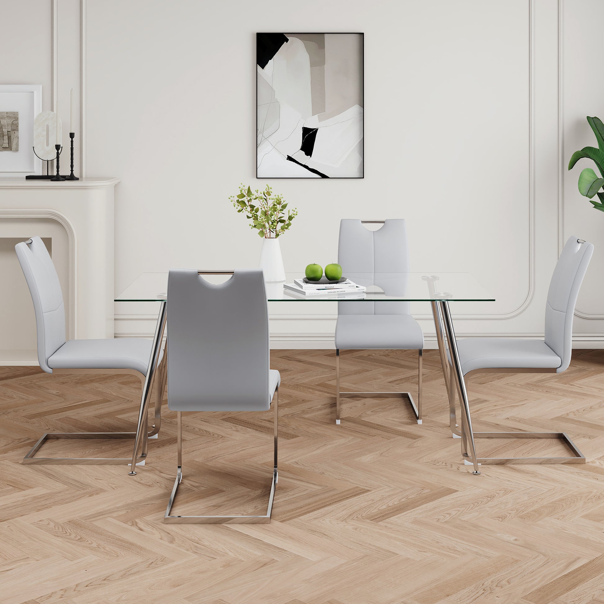 Modern Simple Rectangular Glass Dining Table, Solid Tempered Glass Tabletop, Electroplated Table Legs, Gray Pu Dining Chair Set, Suitable For Restaurant Kitchen Use Set Of 5 Upholstered Chair Glass Gray Pu Seats 4 Metal Rectangular Dining Table With