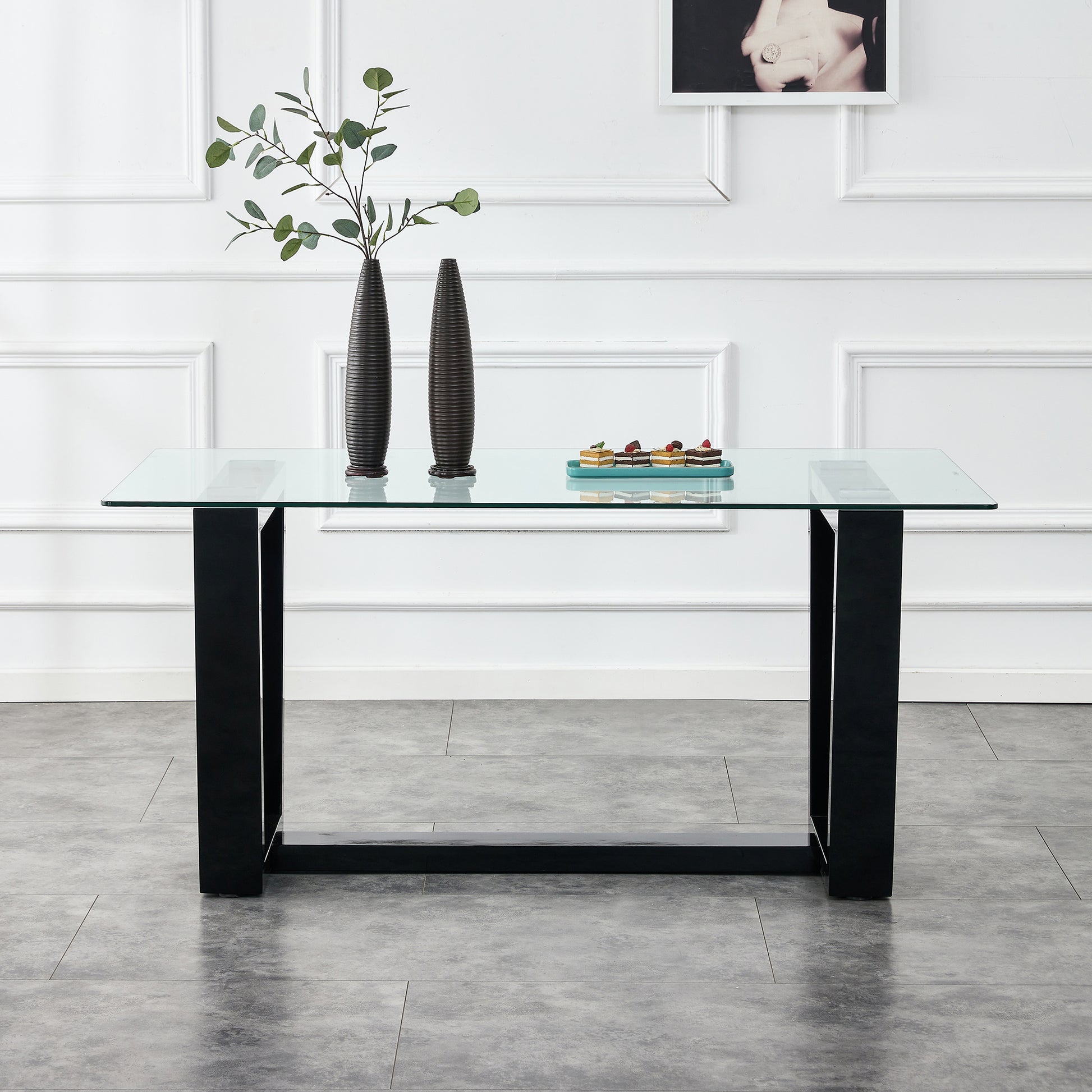 Seating 6 8 People, This Modern, Minimalist Rectangular Dining Table Features A Tempered Glass Top And A Sleek Black Mdf Stand. Suitable For Kitchen, Dining Room, Living Room, Meeting Room Transparent Mdf Glass