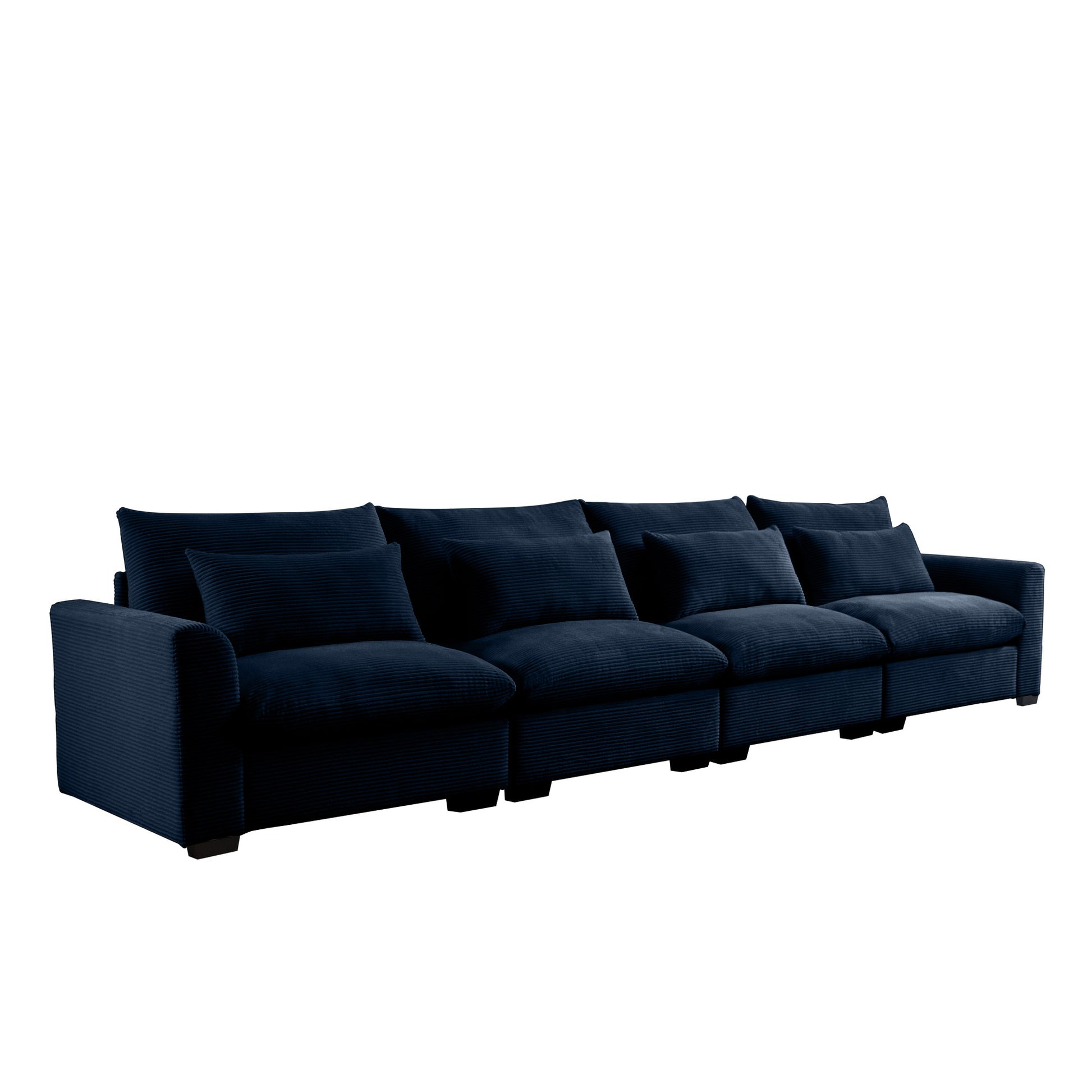 4 Seater Deep Seat Couches For Living Room, Comfy Blue Corduroy Sofas For Living Room Modern With 4 Waist Pillows Blue Corduroy 4 Seat
