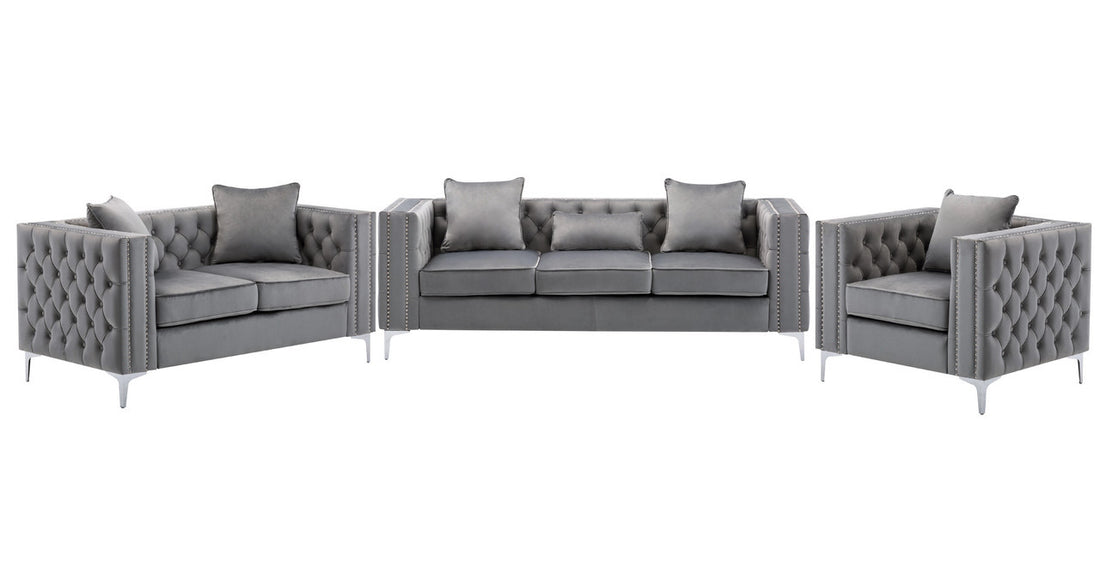Lorreto Gray Velvet Fabric Sofa Loveseat Chair Living Room Set Gray Velvet