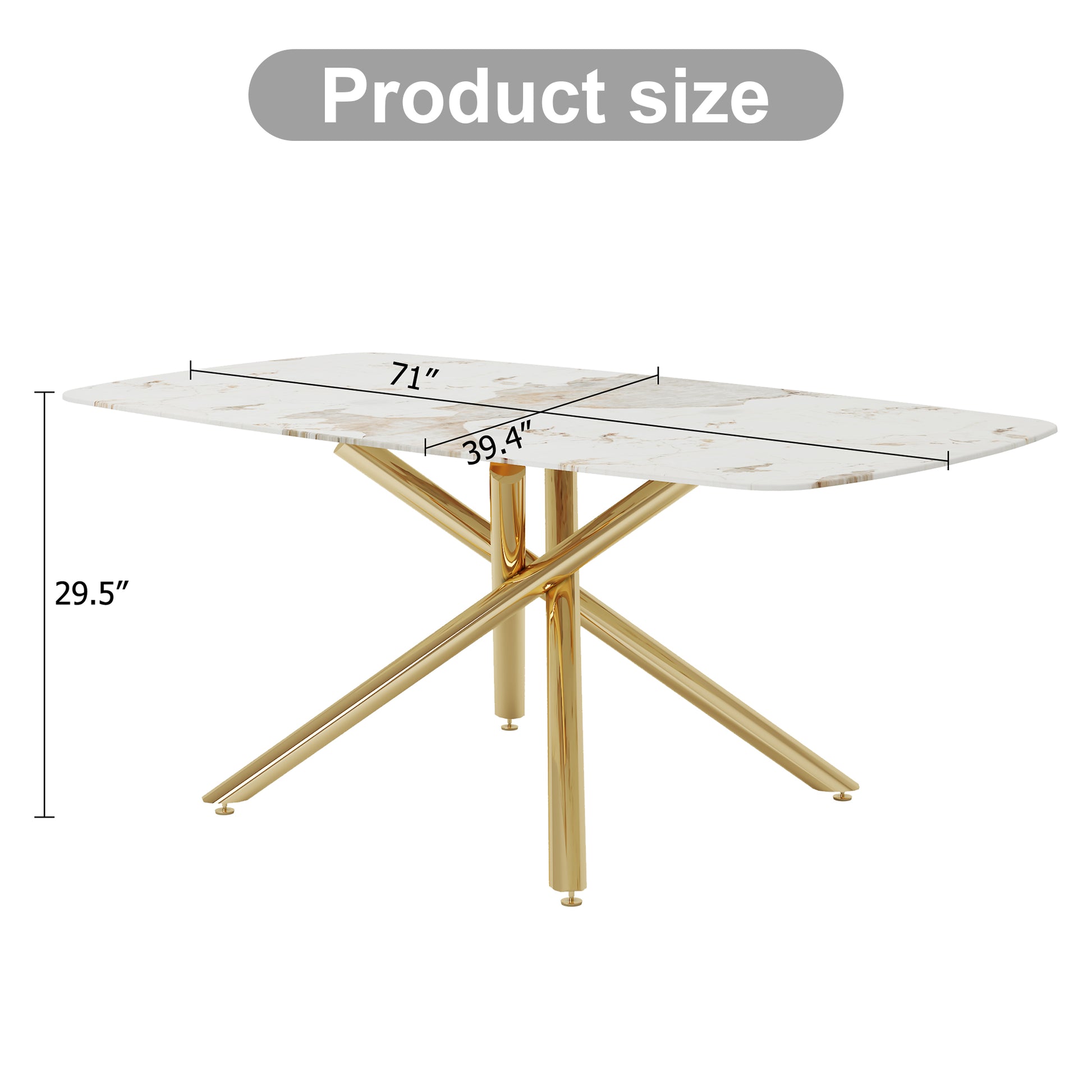 Large Modern Minimalist Rectangular Dining Table With 0.39 "Imitation Marble Tabletop And Golden Metal Legs, Suitable For Kitchen, Dining Room, Living Room, Conference Room, W1151S00987 Gold Glass Metal