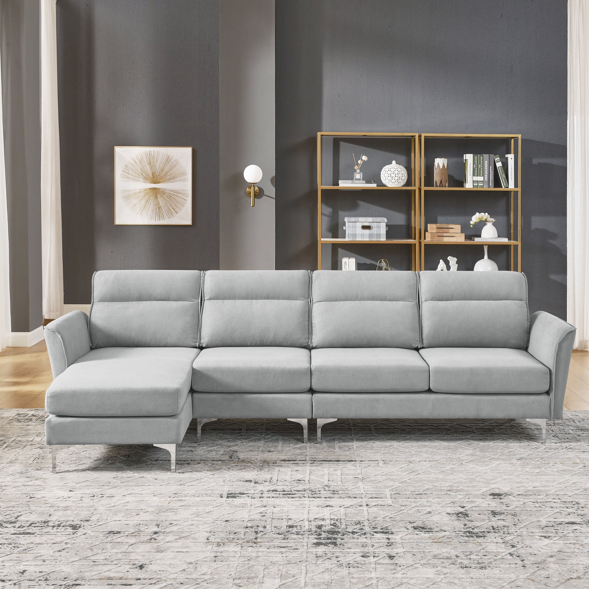 Modern Sofa 3 Seat Couch With Stainless Steel Trim And Metal Legs For Living Room,Gray Gray Foam 3 Seat