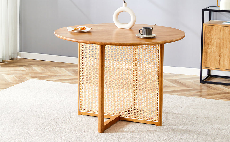 Chinese Countryside Retro Solid Wood Round Table, Simple Modern Imitation Rattan Table, Wooden Table, Desk. Suitable For Dining Room, Living Room, Office Wood Rubber Wood