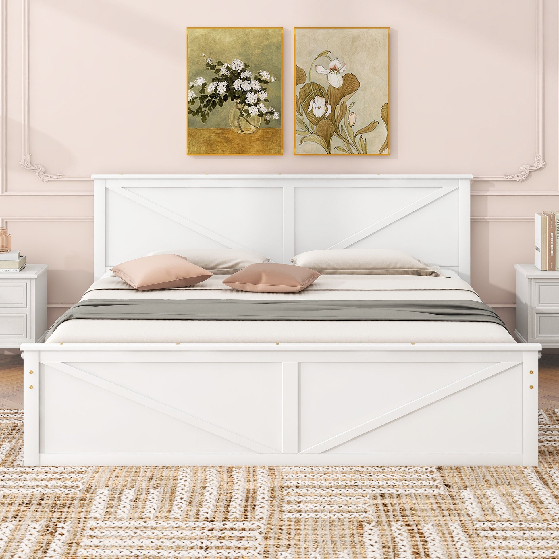 King Size Wooden Platform Bed With Four Storage Drawers And Support Legs, White King White Pine