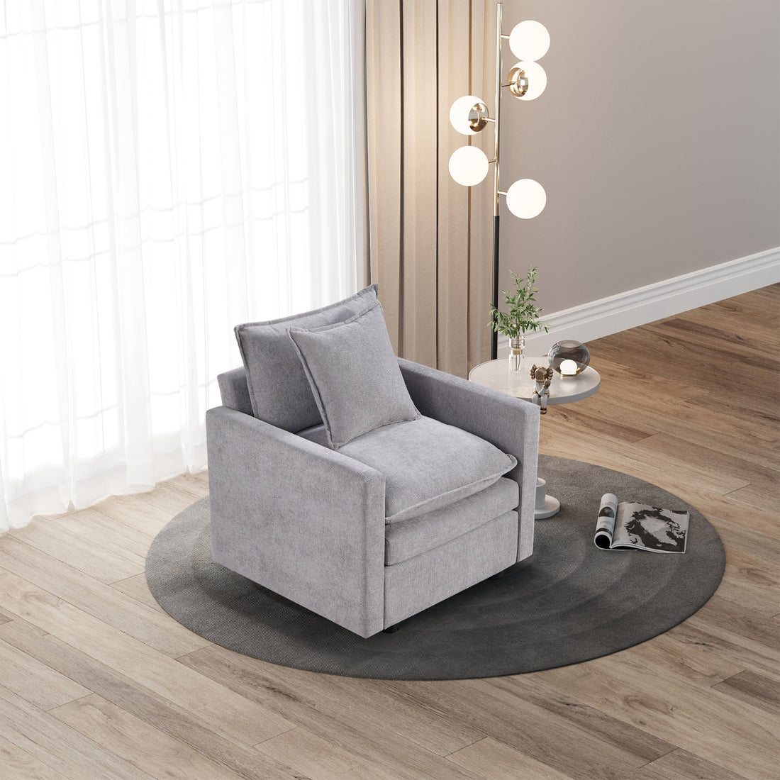 Chenille Fabric Comfy Deep Single Seat Sofa Upholstered Reading Armchair Living Room Gray Wood Foam Chenille 1 Seat