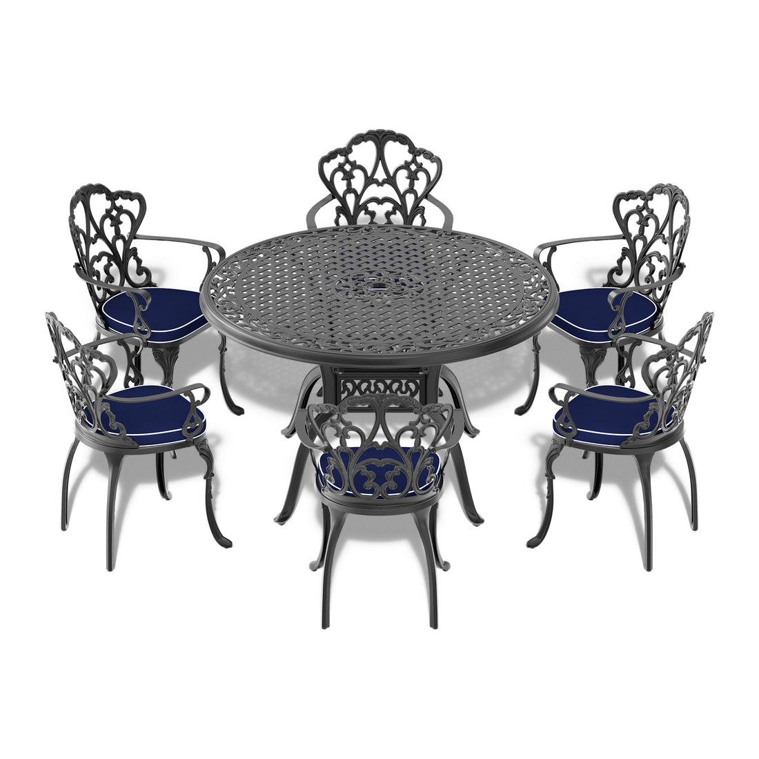 Cushions In Random Colors 7 Piece Set Of Cast Aluminum Patio Furniture With Cushions Yes Dining Set Black Seats 6 Rust Resistant Frame Water Resistant Cushion Garden & Outdoor Complete Patio Sets Aluminium