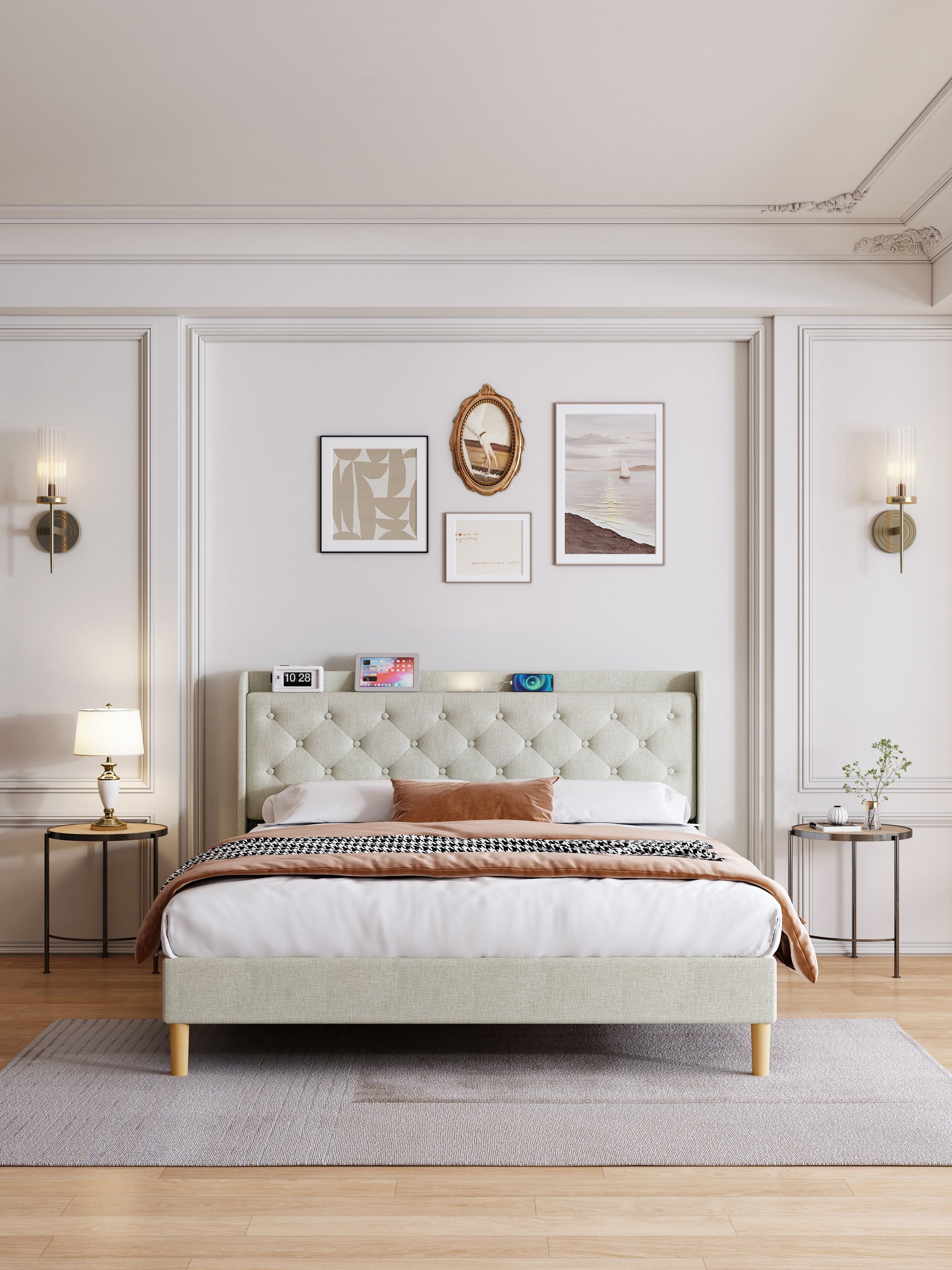 Queen Size Bed, Mesh Backboard Beautiful, With Led Lights, Cotton And Linen Fabric, Frame Stability, Easy To Assemble,Light Gray Queen Light Gray Mdf Acacia