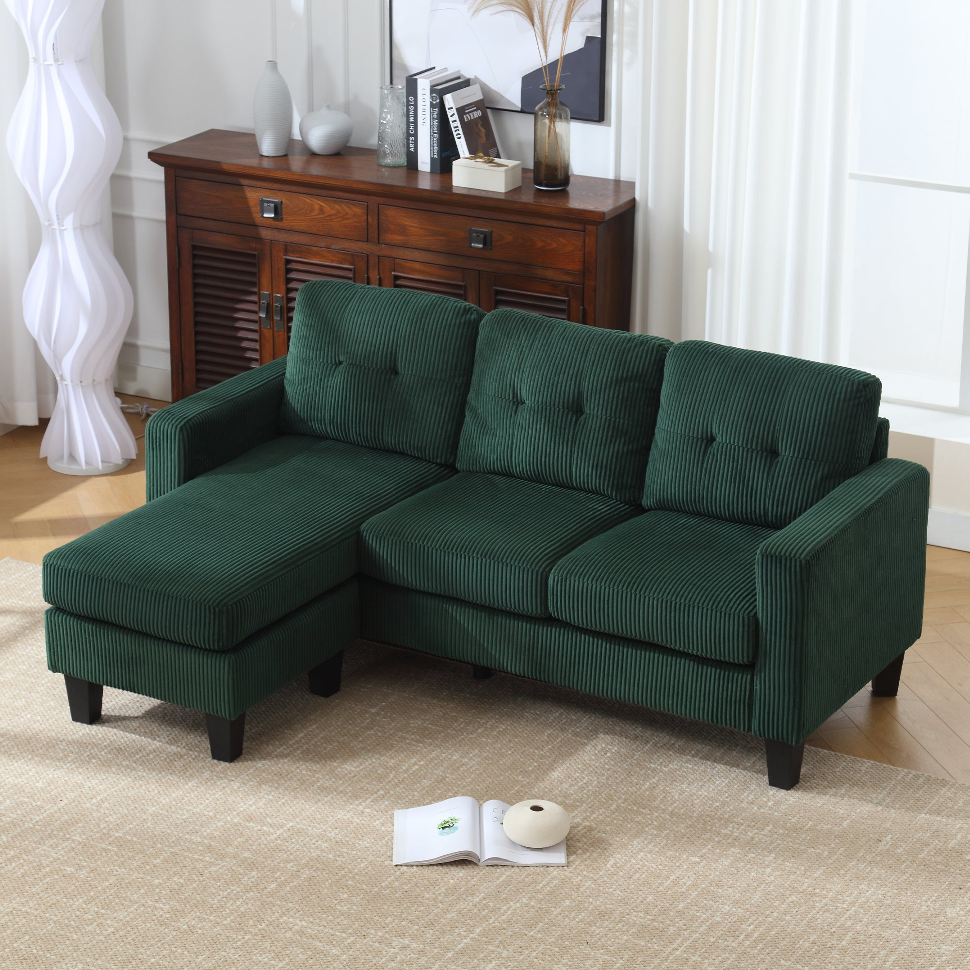 Velvet Sectional Couchl Shaped Sofa With Ottoman For Small Apartment Emerald Velvet 3 Seat