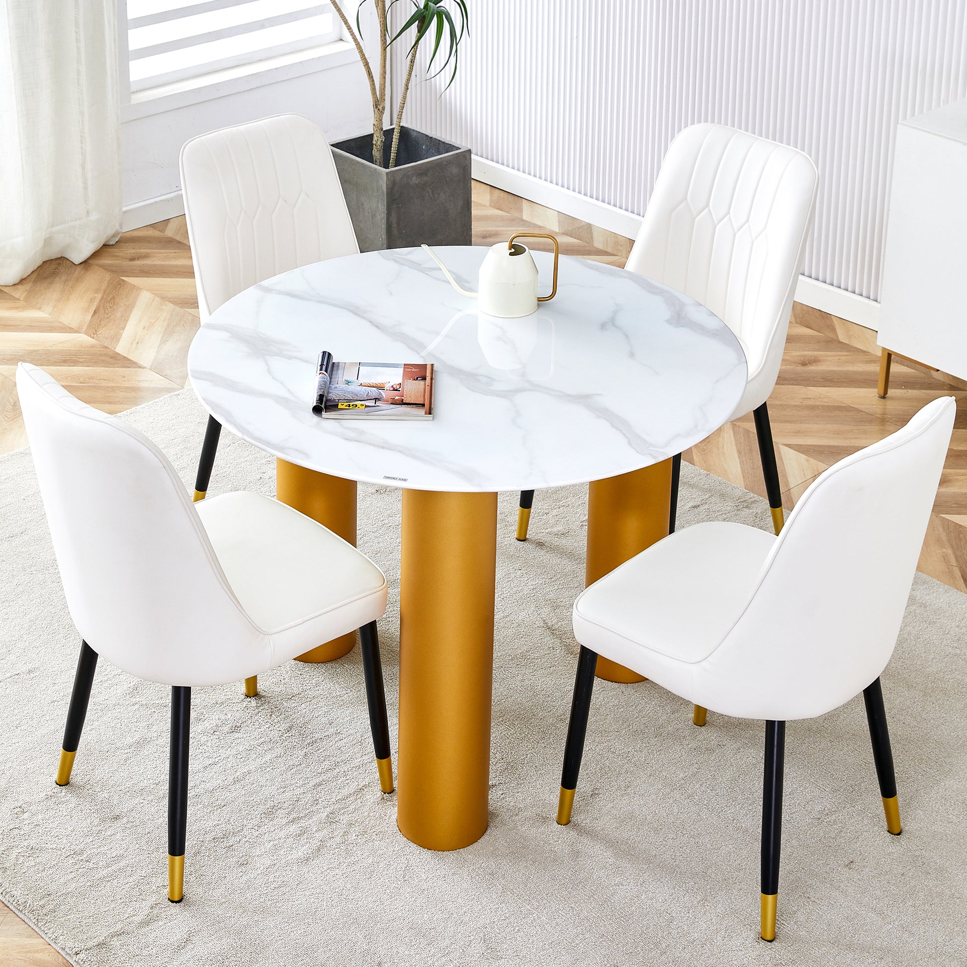 Round White Dining Table, Artificial Marble Glass Stickers, Golden Mdf Legs, Kitchen Dining Table, Living Room Dining Table 40 "* 40" * 29.4 "F X03 White Mdf