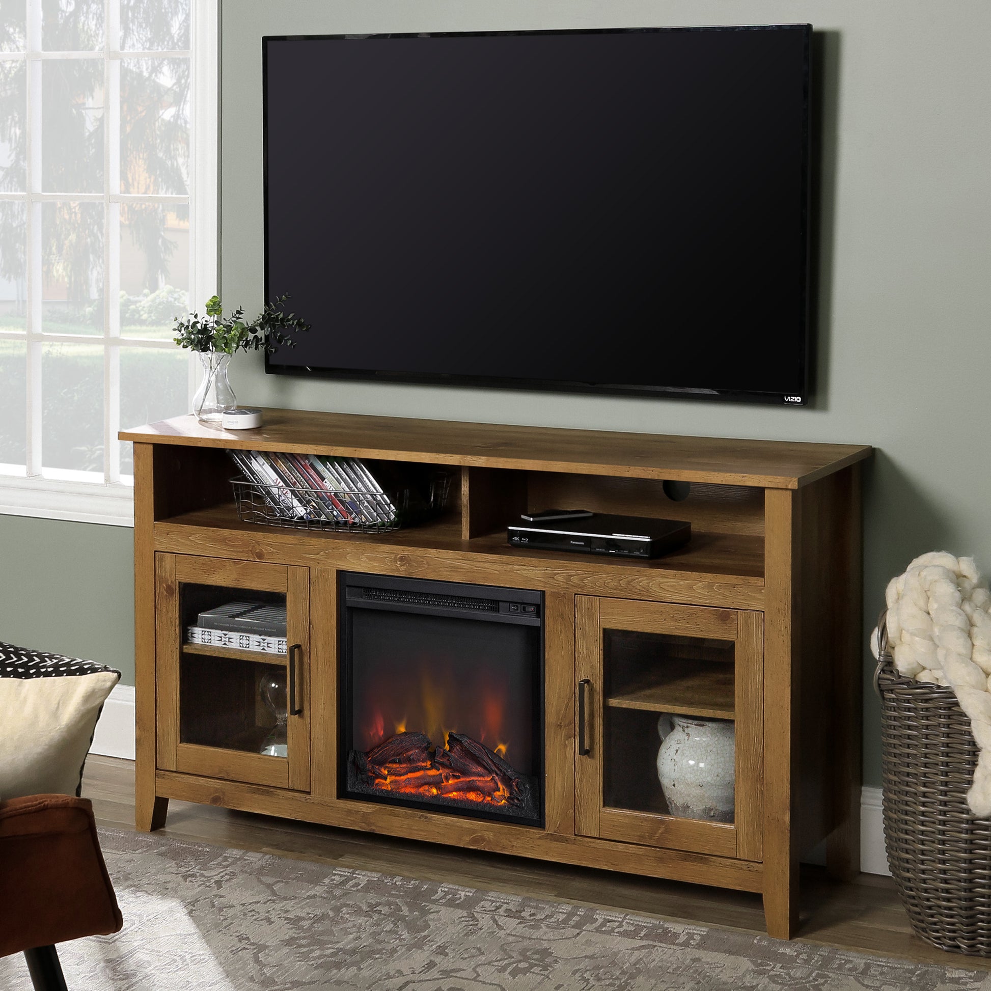 Transitional Electric Fireplace Wood And Glass Tv Stand For Tvs Up To 65" Grey Wash Gray Wash Mdf